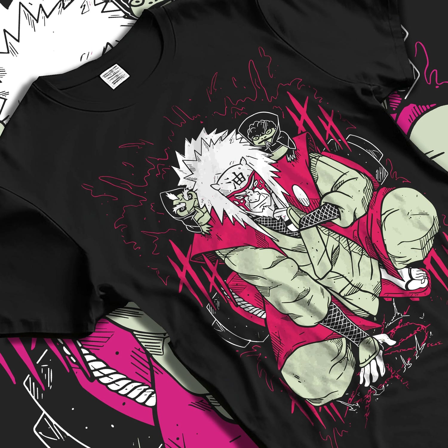 Black T-shirt laid flat with natural folds with Naruto Hoodie Jiraiya Legendary Sannin Ninja Jumper graphic premium wear.
