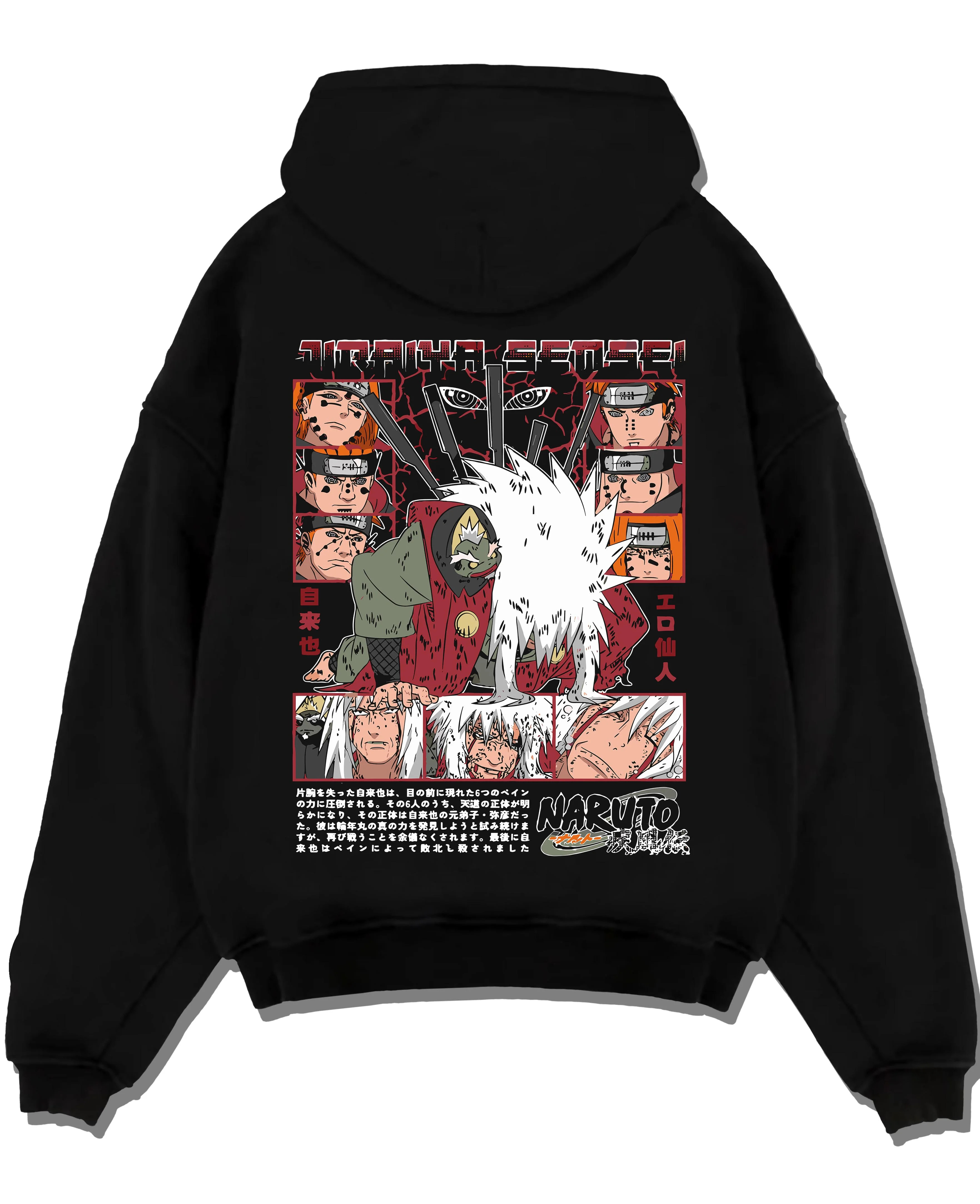 Black pullover hoodie laid flat with Naruto Hoodie Jiraiya Perverted Sage Master Jumper graphic bold anime graphic.