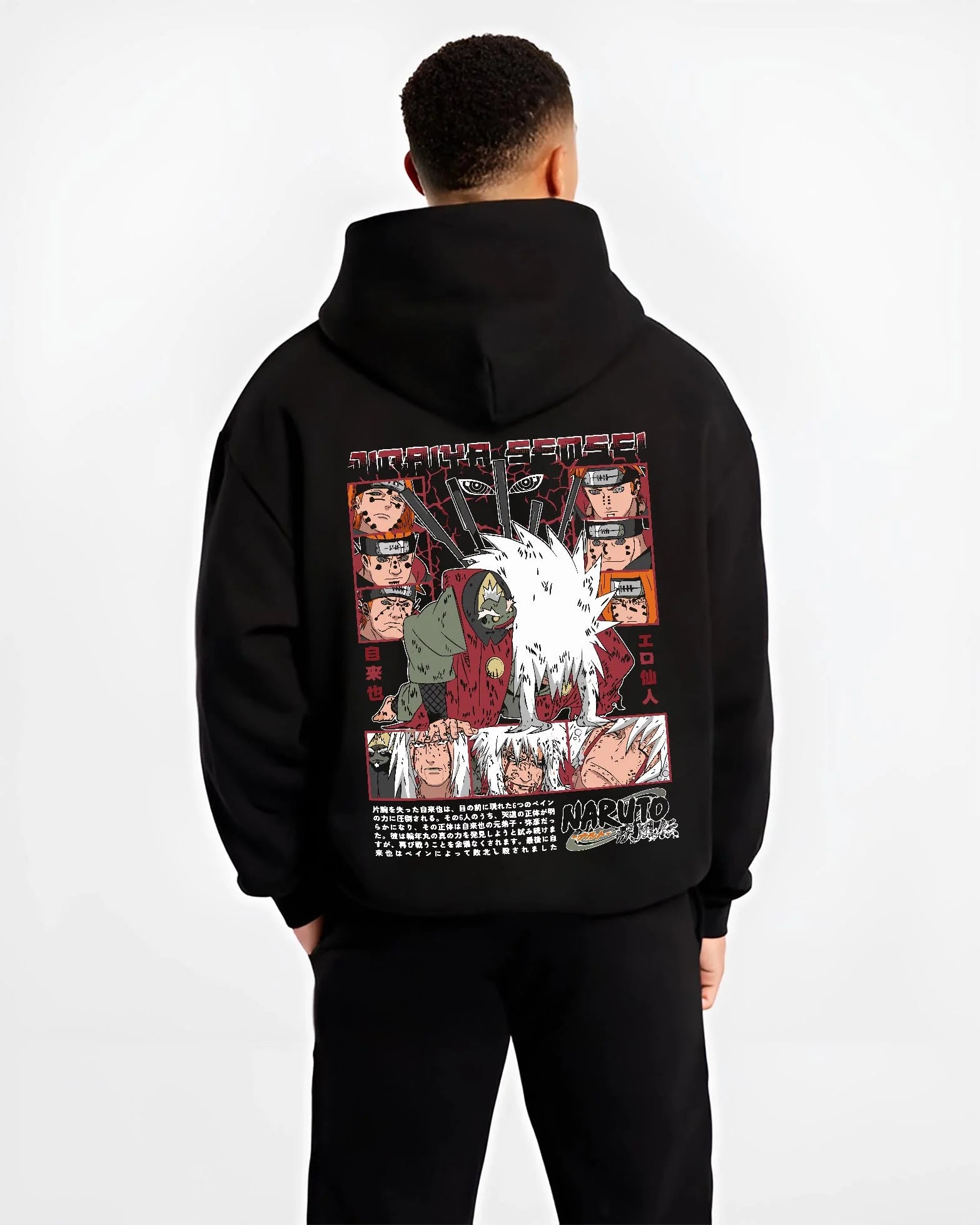 Black hoodie worn by male model, back view with Naruto Hoodie Jiraiya Perverted Sage Master Jumper graphic premium wear.