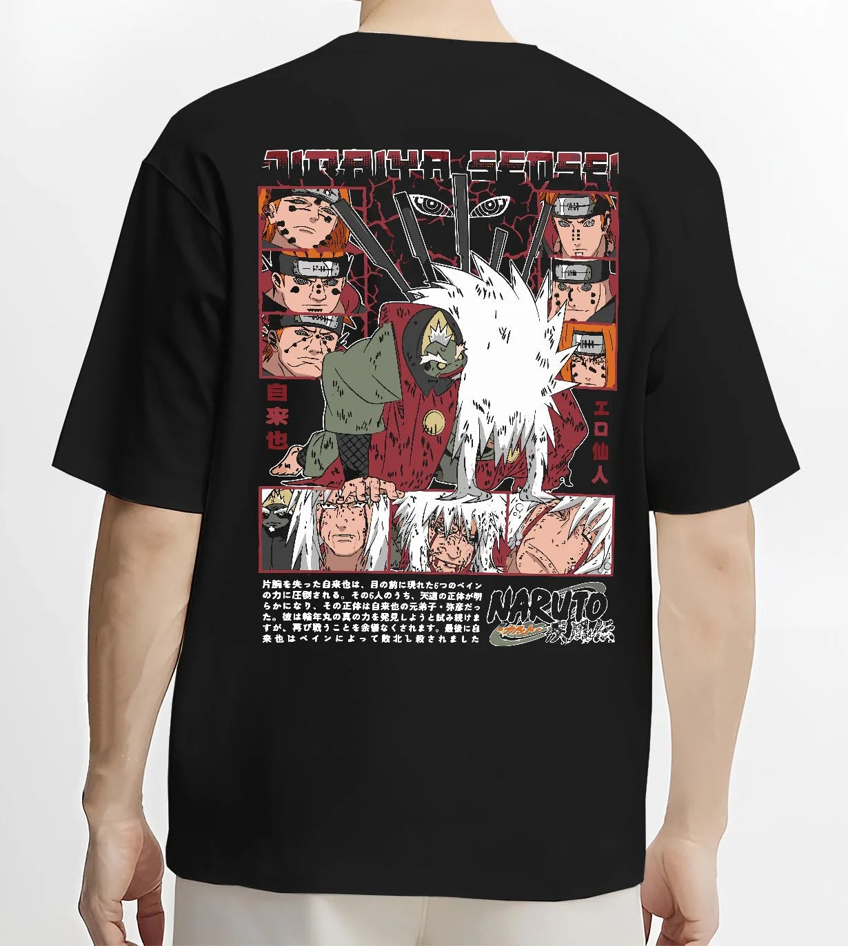 Black T-shirt worn by male model, back view with Naruto Hoodie Jiraiya Perverted Sage Master Jumper graphic streetwear graphic.