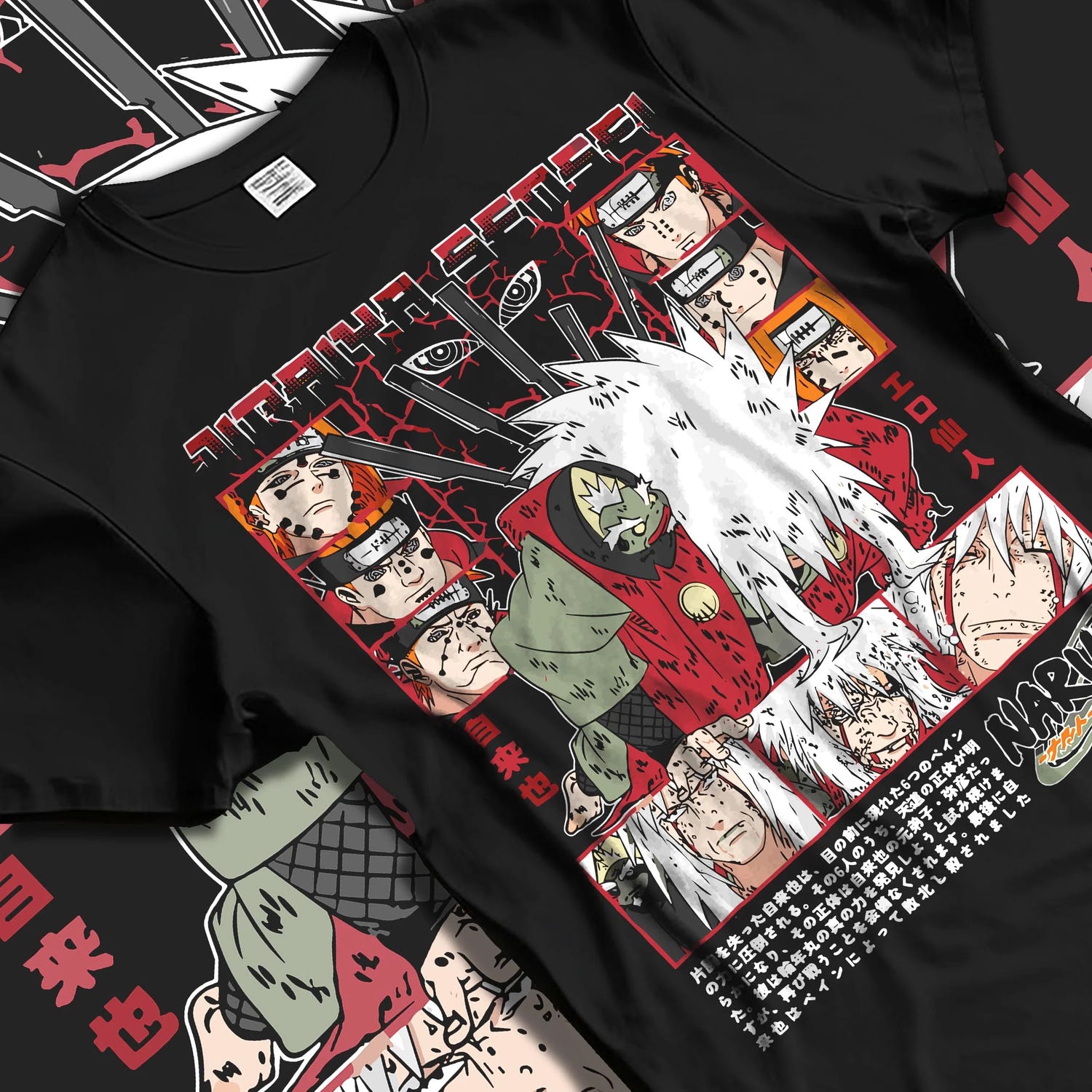 Black T-shirt laid flat with natural folds with Naruto Hoodie Jiraiya Perverted Sage Master Jumper graphic bold anime graphic.