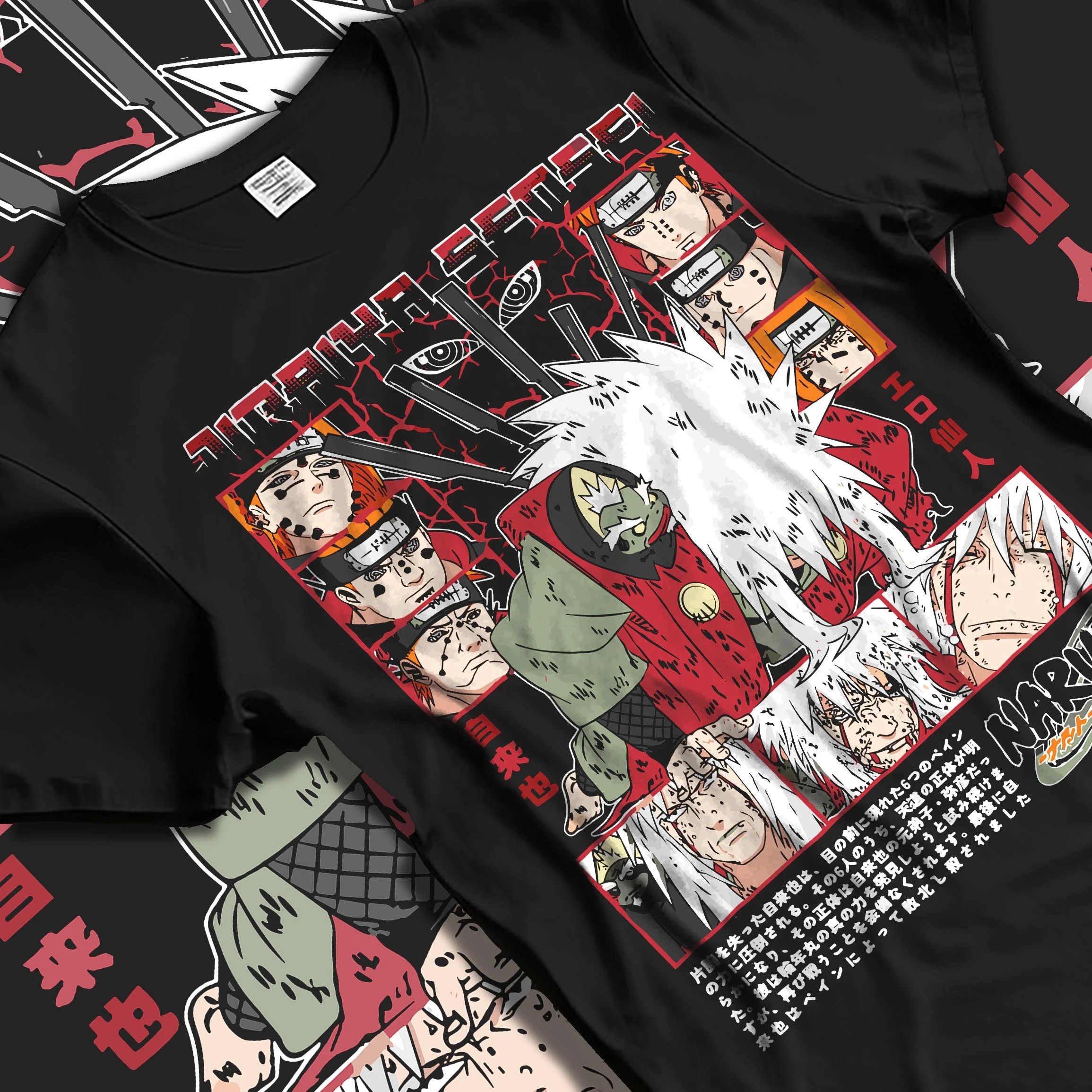 Black T-shirt laid flat with natural folds with Naruto Hoodie Jiraiya Perverted Sage Master Jumper graphic bold anime graphic.