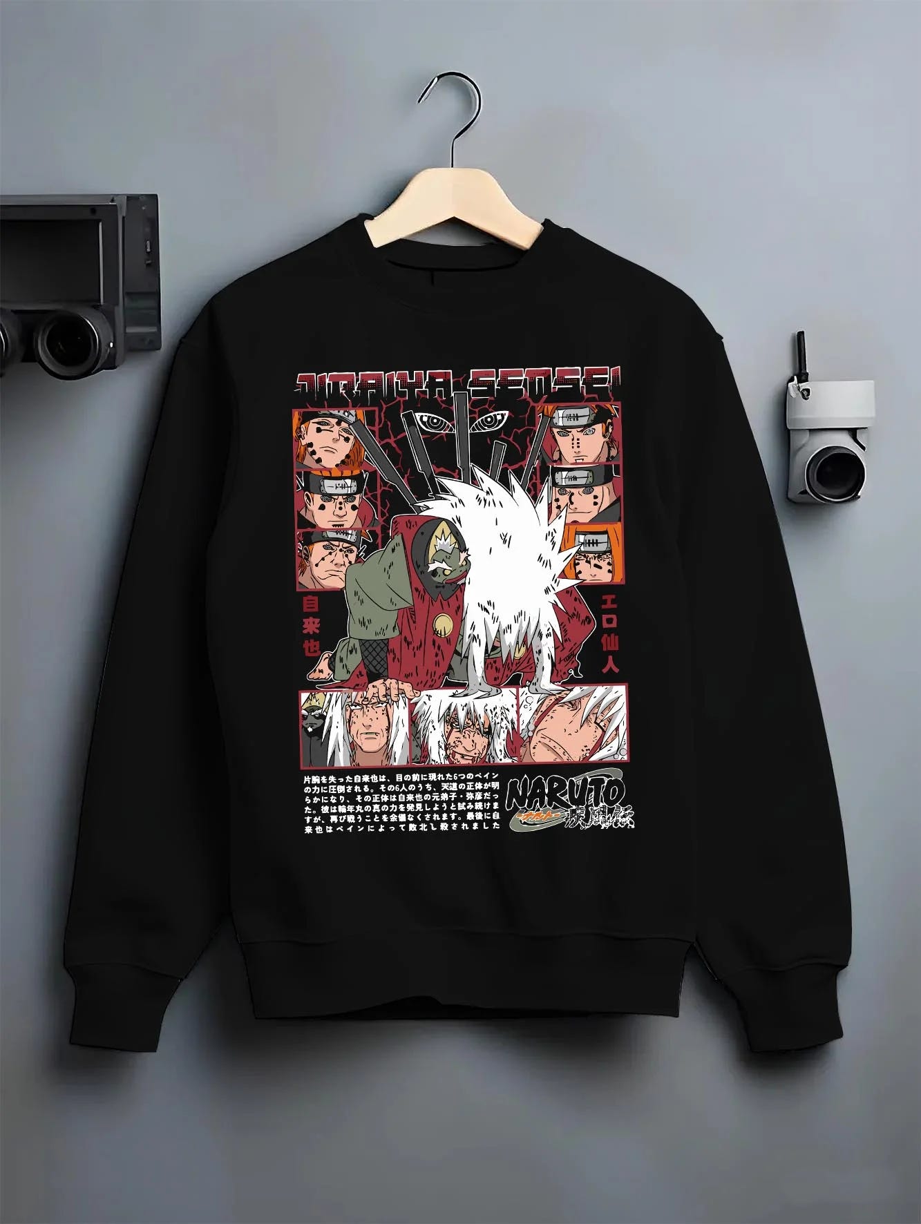 Black crewneck sweatshirt on hanger with Naruto Hoodie Jiraiya Perverted Sage Master Jumper graphic bold anime graphic.