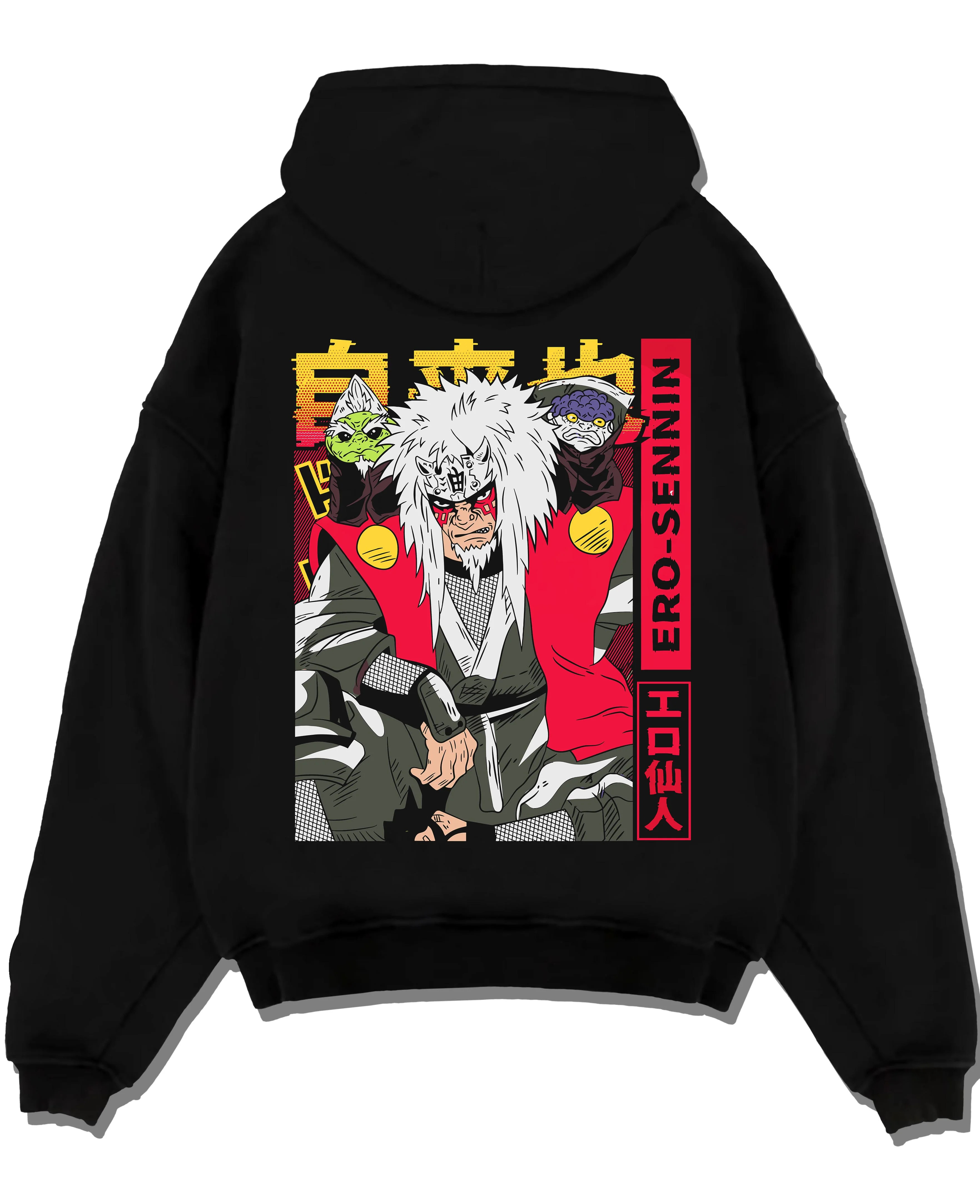 Black pullover hoodie laid flat with Naruto Hoodie Jiraiya Proud Ninja Mentor Jumper graphic bold anime graphic.
