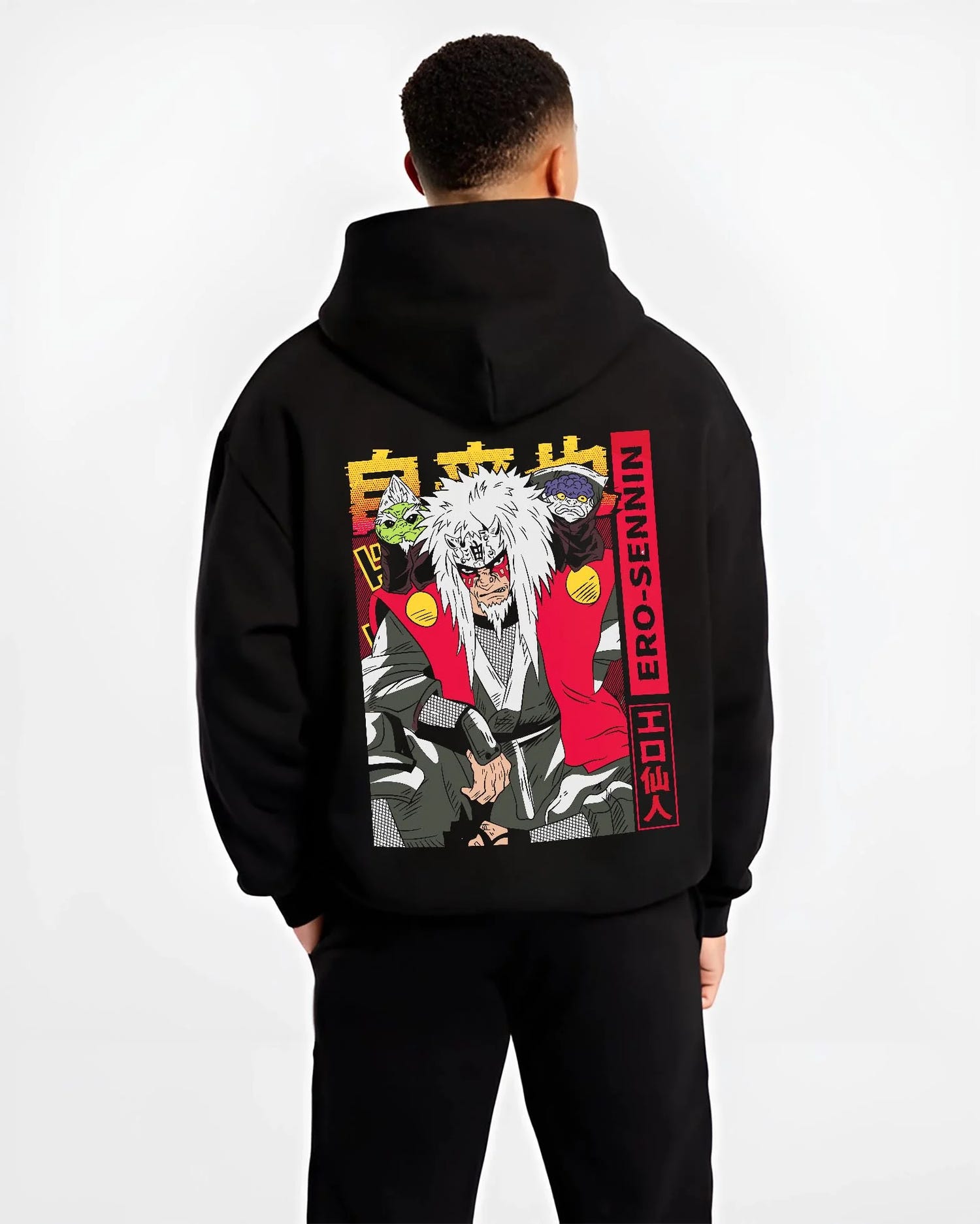 Black hoodie worn by male model, back view with Naruto Hoodie Jiraiya Proud Ninja Mentor Jumper graphic bold anime graphic.