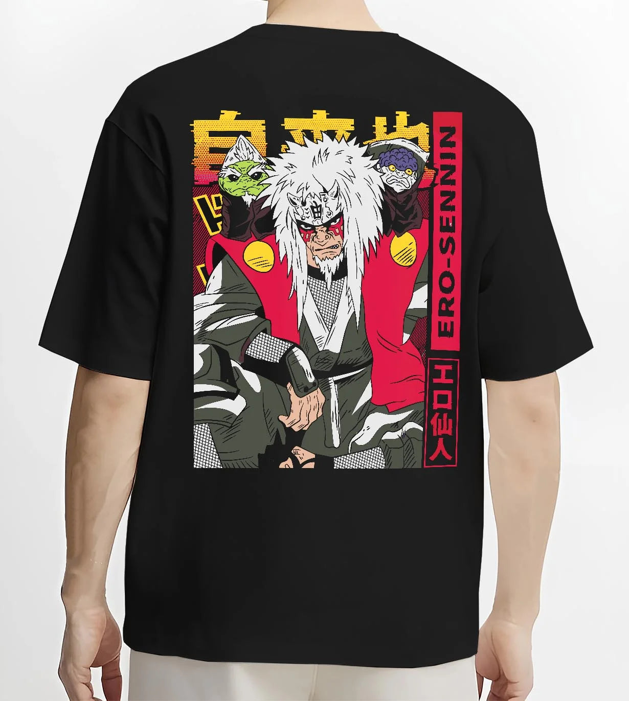 Black T-shirt worn by male model, back view with Naruto Hoodie Jiraiya Proud Ninja Mentor Jumper graphic bold anime graphic.