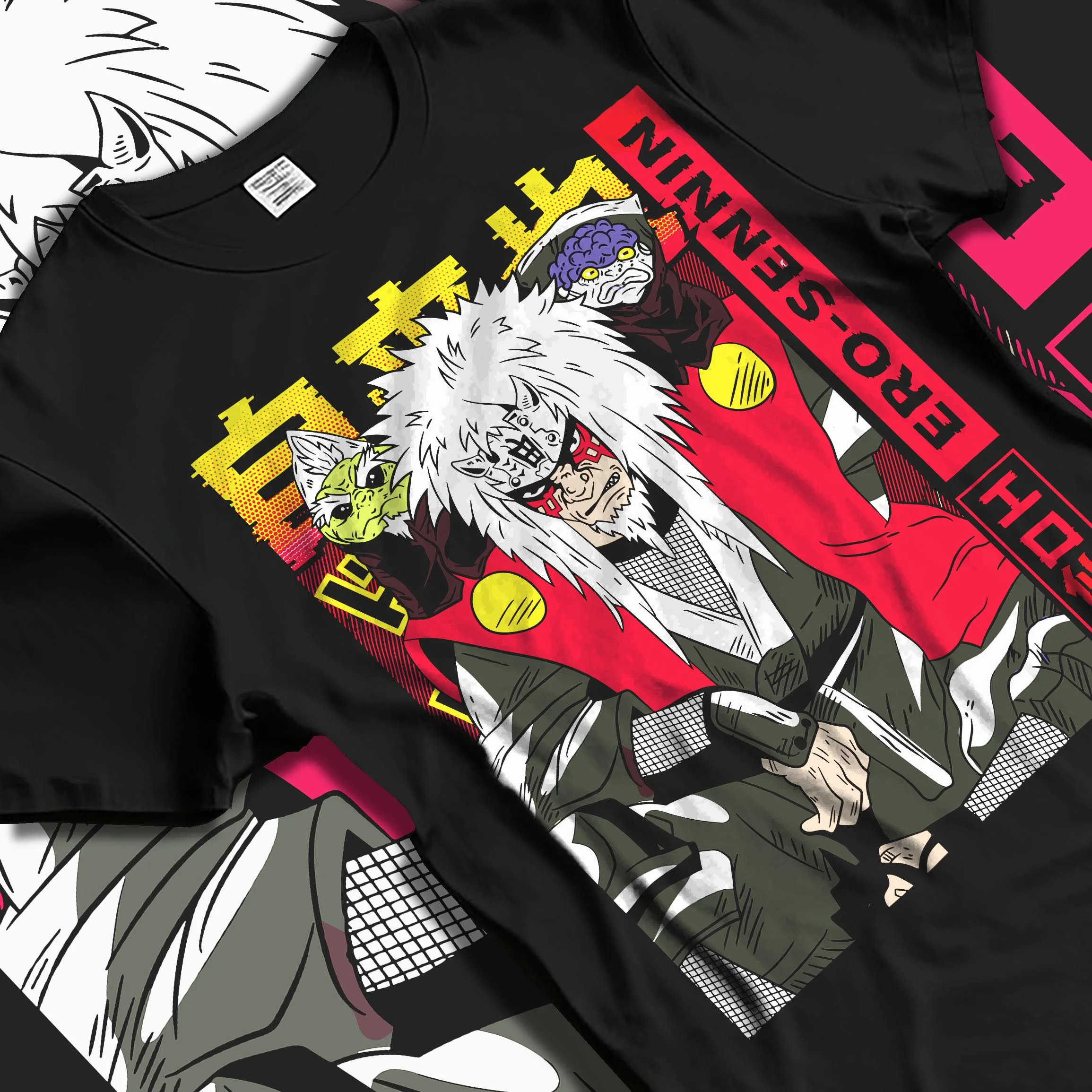 Black T-shirt laid flat with natural folds with Naruto Hoodie Jiraiya Proud Ninja Mentor Jumper graphic premium wear.