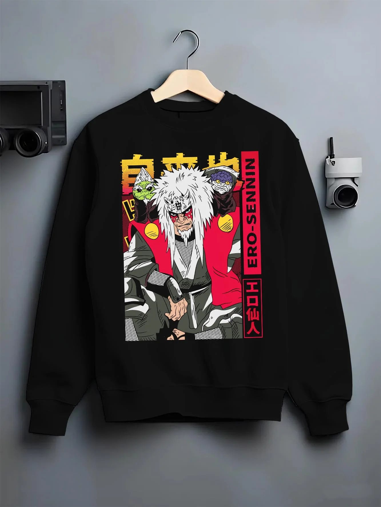 Black crewneck sweatshirt on hanger with Naruto Hoodie Jiraiya Proud Ninja Mentor Jumper graphic streetwear graphic.