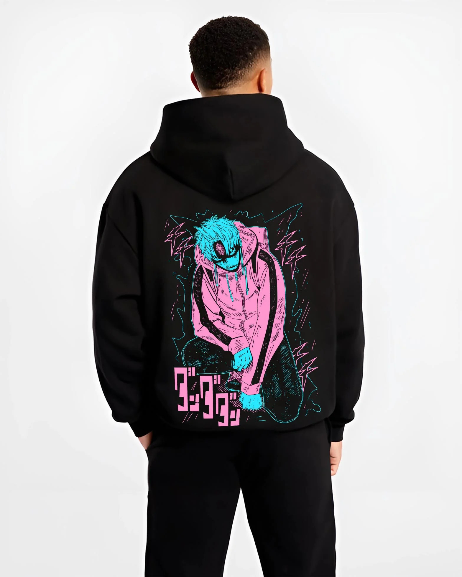 Black hoodie worn by male model, back view with Naruto Hoodie Jiraiya Sage Mode Summon Jumper graphic premium wear.