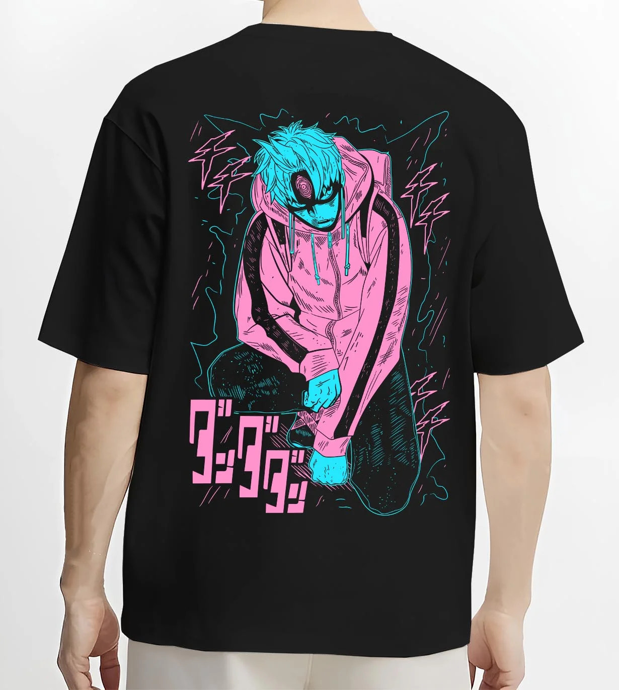 Black T-shirt worn by male model, back view with Naruto Hoodie Jiraiya Sage Mode Summon Jumper graphic premium wear.