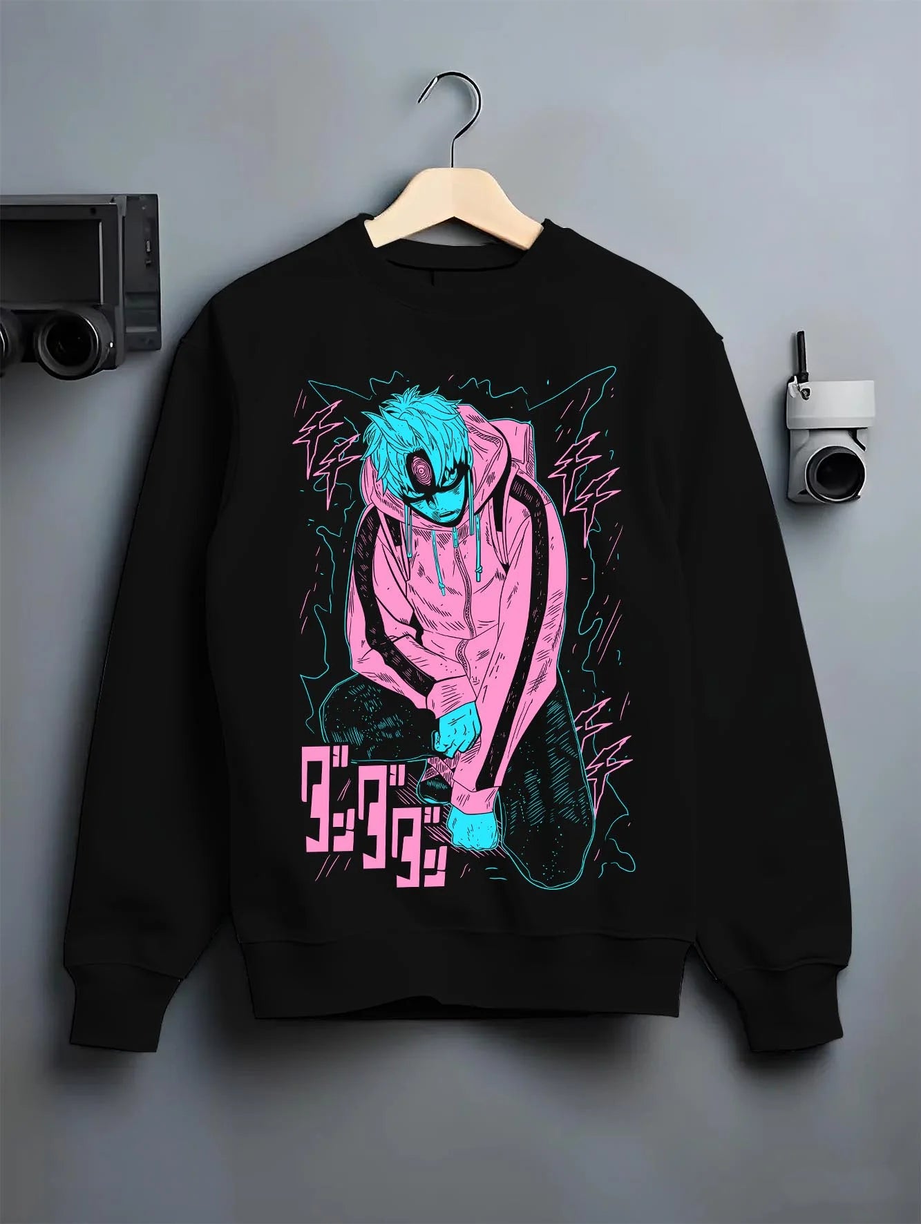 Black crewneck sweatshirt on hanger with Naruto Hoodie Jiraiya Sage Mode Summon Jumper graphic premium wear.