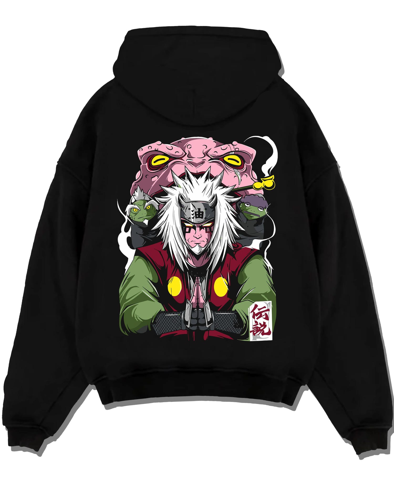 Black pullover hoodie laid flat with Naruto Hoodie Jiraiya Toad Summoning Sage Jumper graphic bold anime graphic.