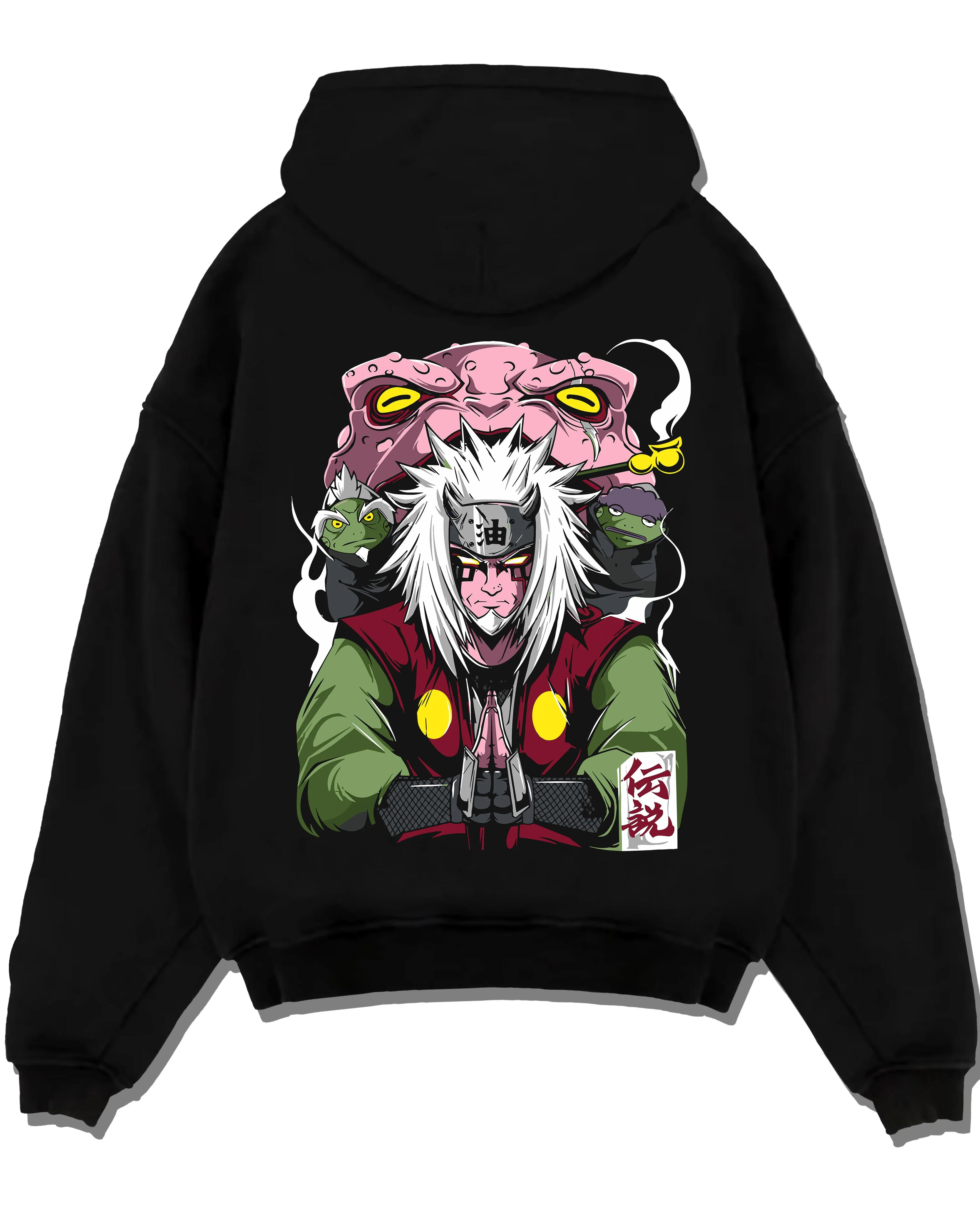Black pullover hoodie laid flat with Naruto Hoodie Jiraiya Toad Summoning Sage Jumper graphic bold anime graphic.