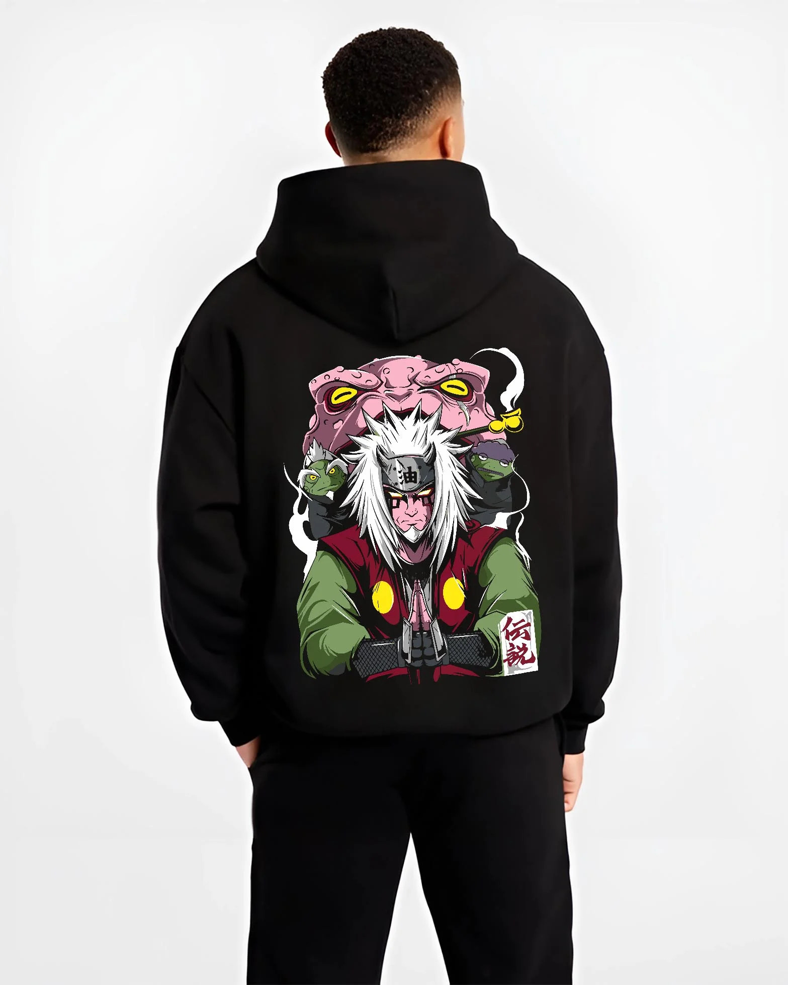 Black hoodie worn by male model, back view with Naruto Hoodie Jiraiya Toad Summoning Sage Jumper graphic premium wear.
