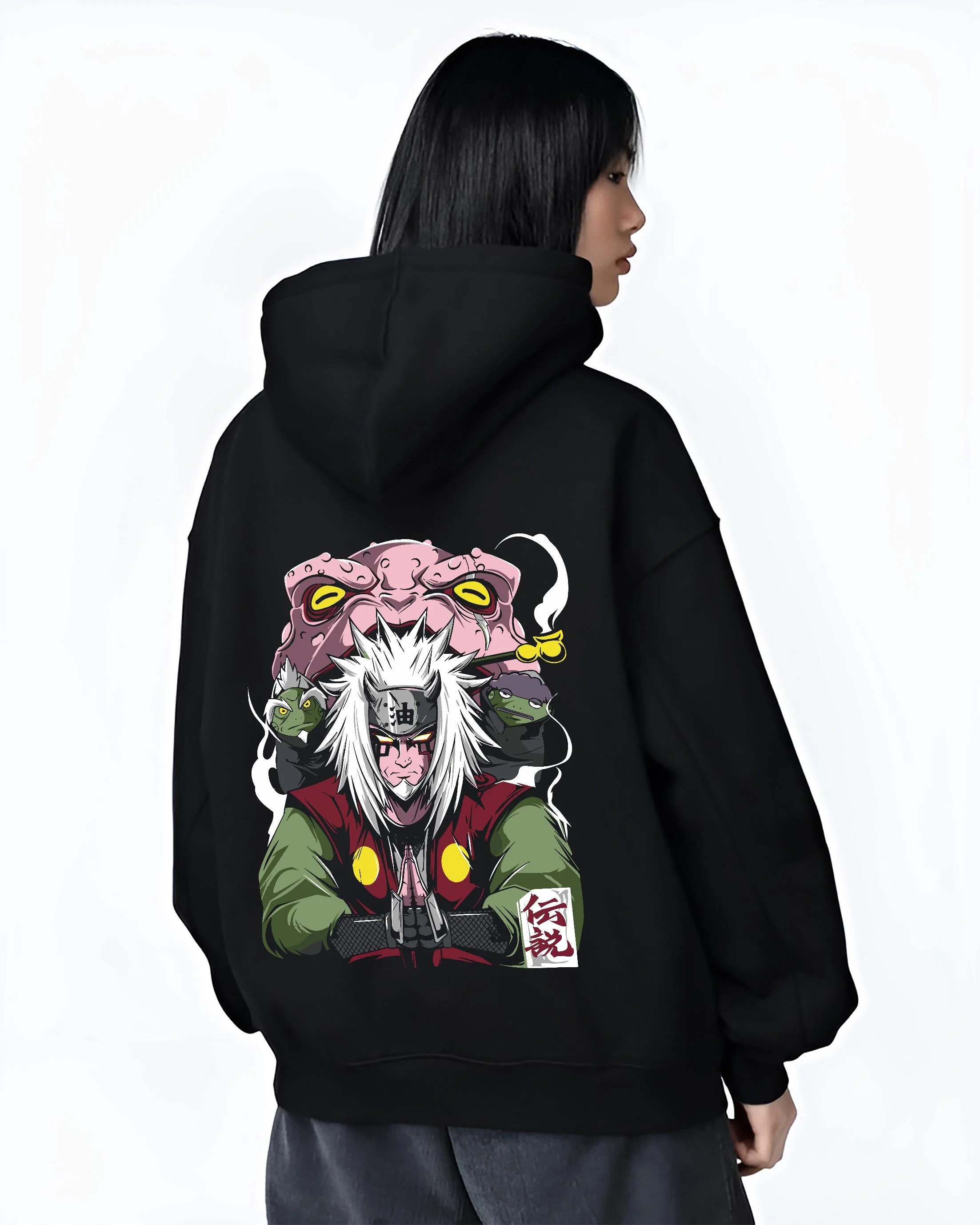 Black hoodie worn by female model, back view with Naruto Hoodie Jiraiya Toad Summoning Sage Jumper graphic bold anime graphic.
