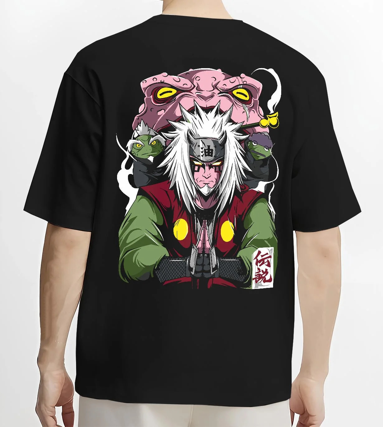 Black T-shirt worn by male model, back view with Naruto Hoodie Jiraiya Toad Summoning Sage Jumper graphic premium wear.
