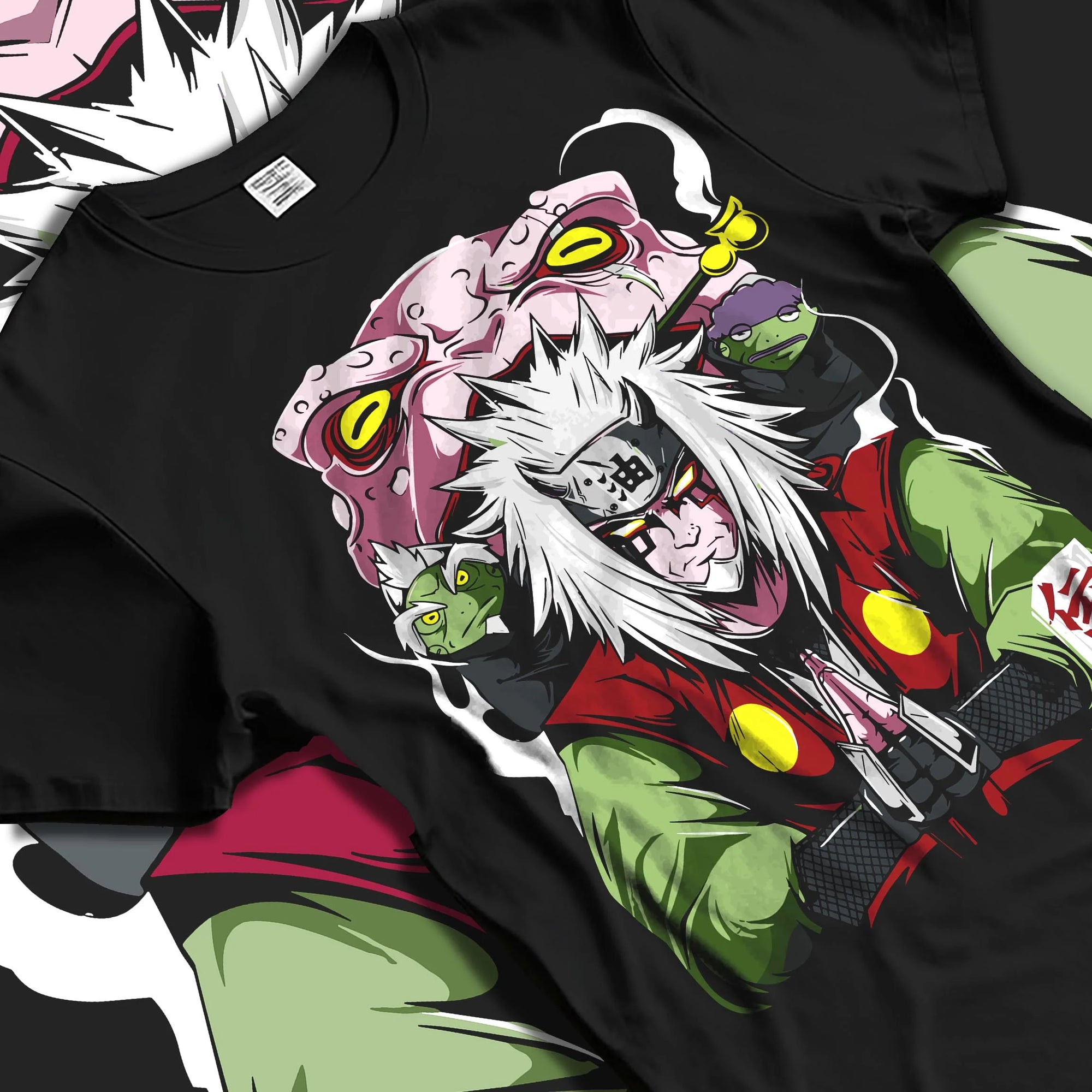 Black T-shirt laid flat with natural folds with Naruto Hoodie Jiraiya Toad Summoning Sage Jumper graphic bold anime graphic.