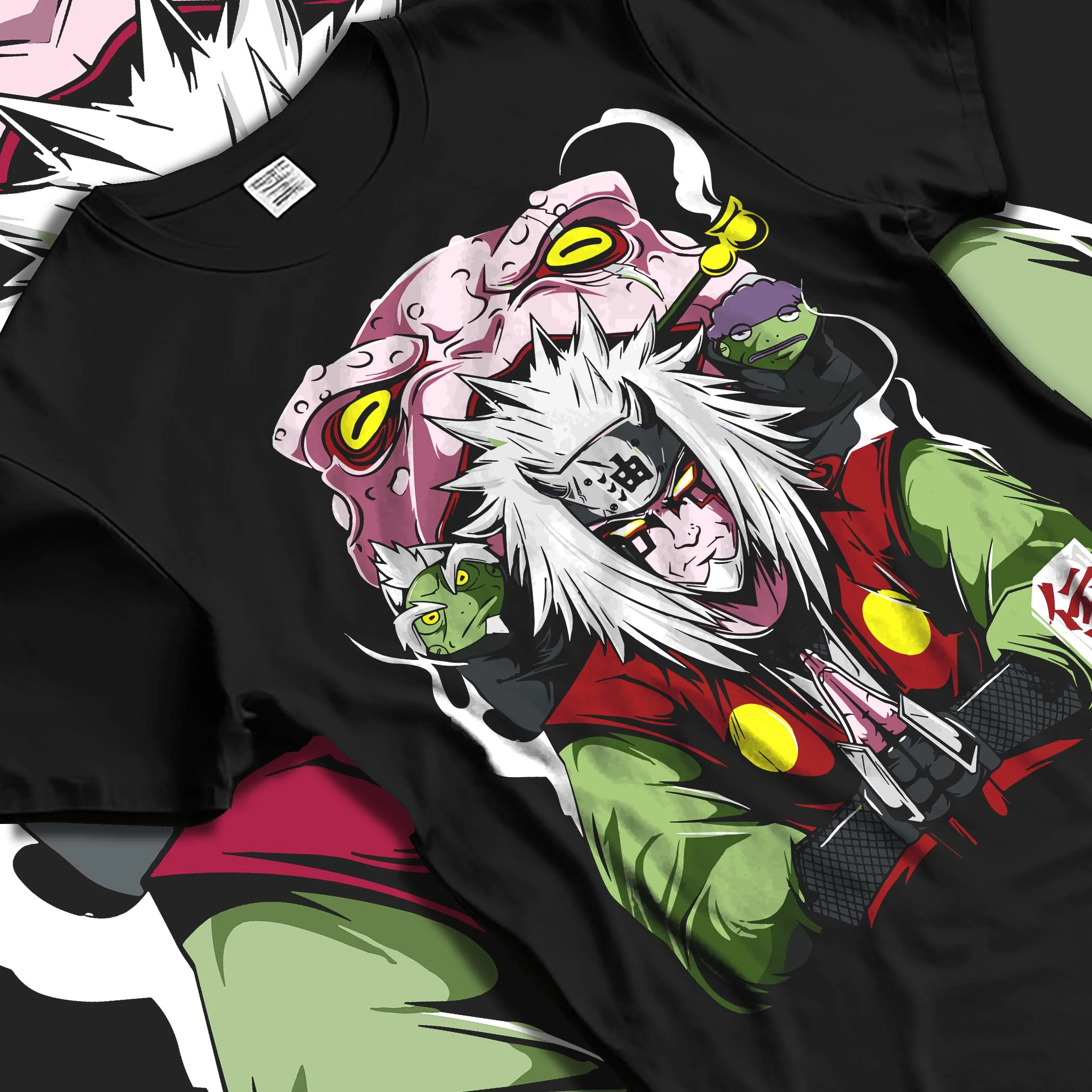 Black T-shirt laid flat with natural folds with Naruto Hoodie Jiraiya Toad Summoning Sage Jumper graphic bold anime graphic.