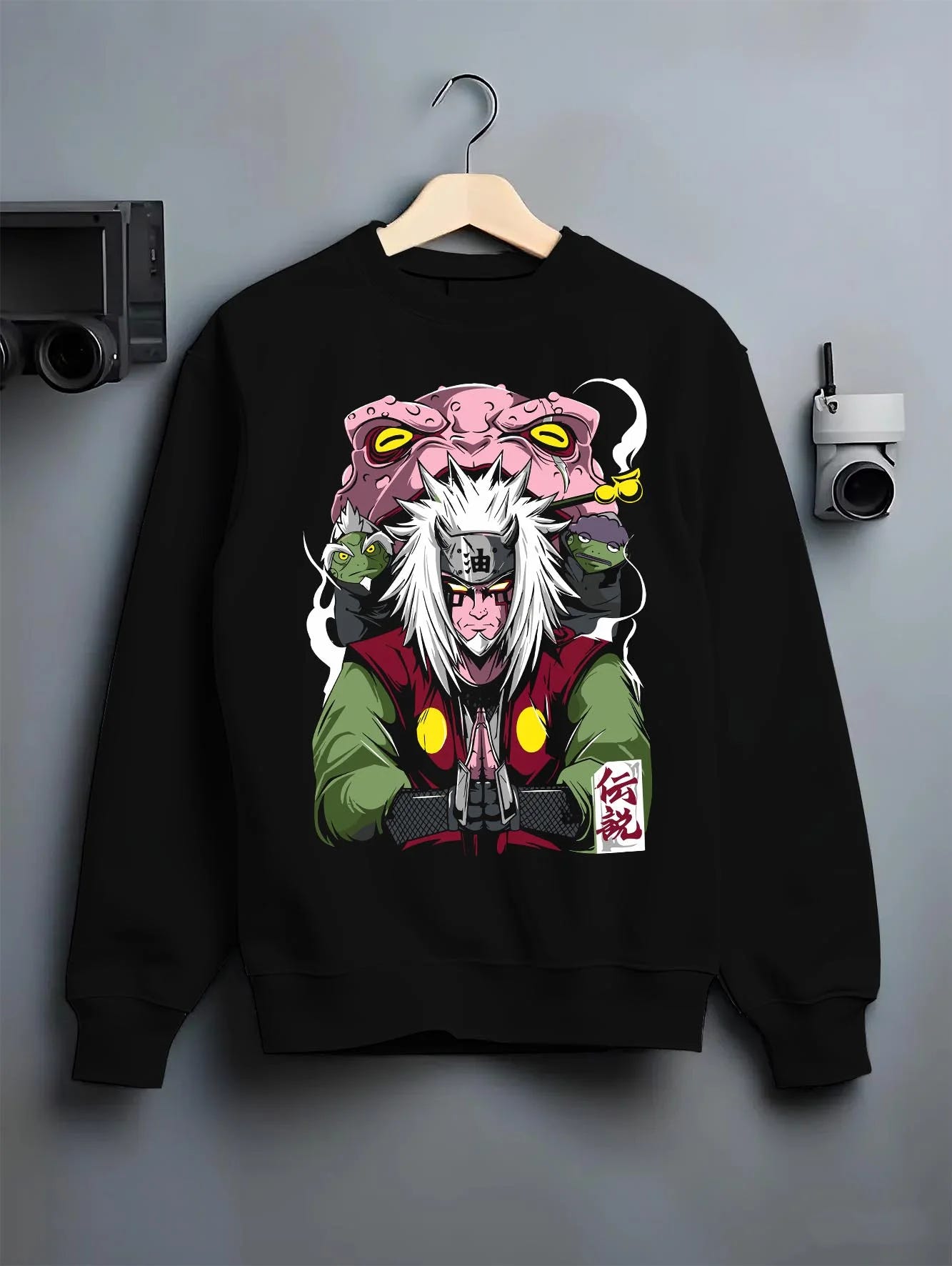 Black crewneck sweatshirt on hanger with Naruto Hoodie Jiraiya Toad Summoning Sage Jumper graphic streetwear graphic.