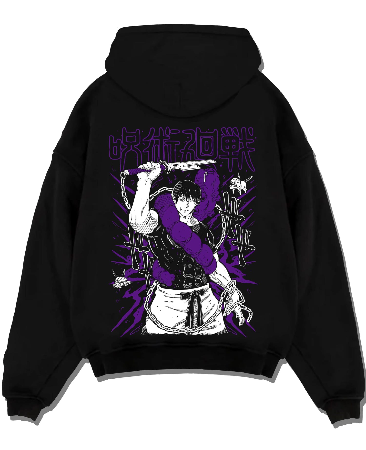 Black pullover hoodie laid flat with Jujutsu Kaisen Hoodie Cursed Spirit Fighter Jumper graphic Toji anime design.