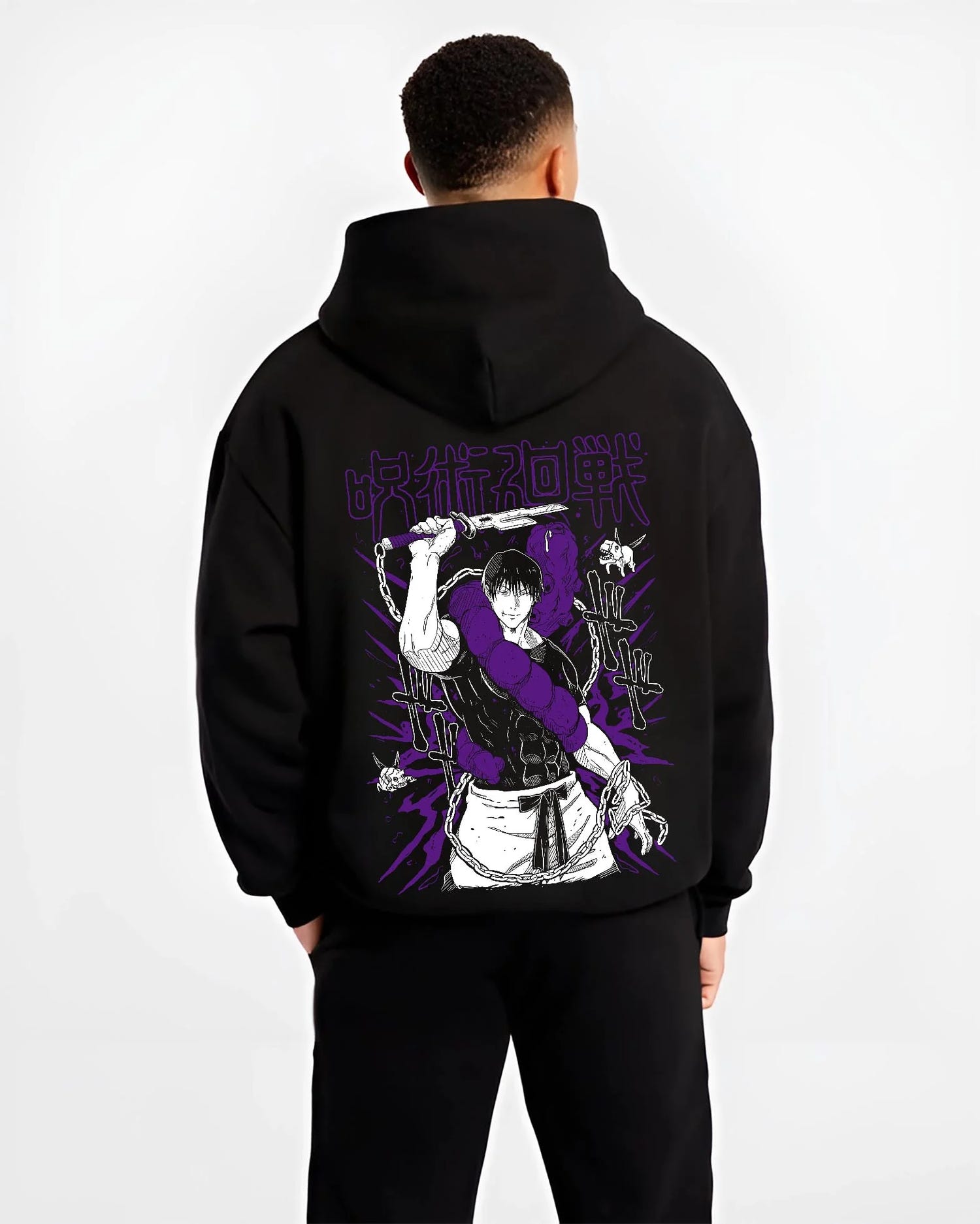 Black hoodie worn by male model, back view with Jujutsu Kaisen Hoodie Cursed Spirit Fighter Jumper graphic premium wear.