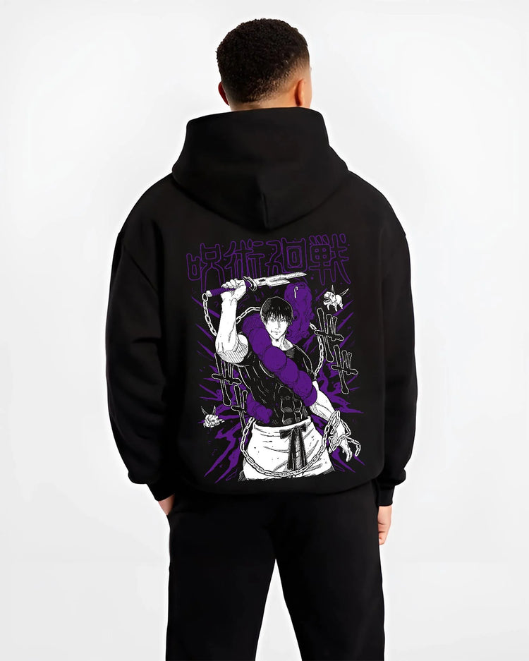 Black hoodie worn by male model, back view with Jujutsu Kaisen Hoodie Cursed Spirit Fighter Jumper graphic premium wear.