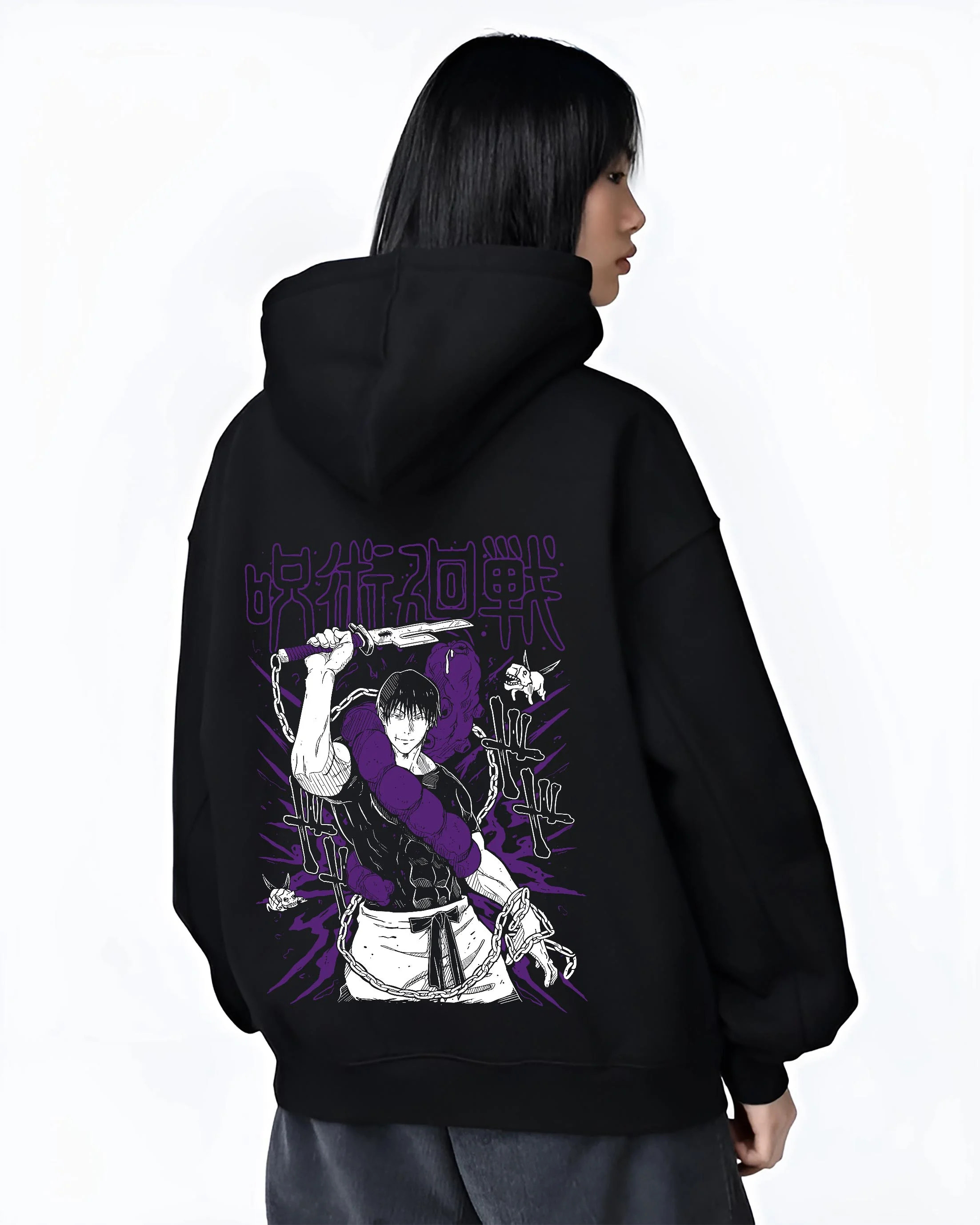 Black hoodie worn by female model, back view with Jujutsu Kaisen Hoodie Cursed Spirit Fighter Jumper graphic Toji anime design.