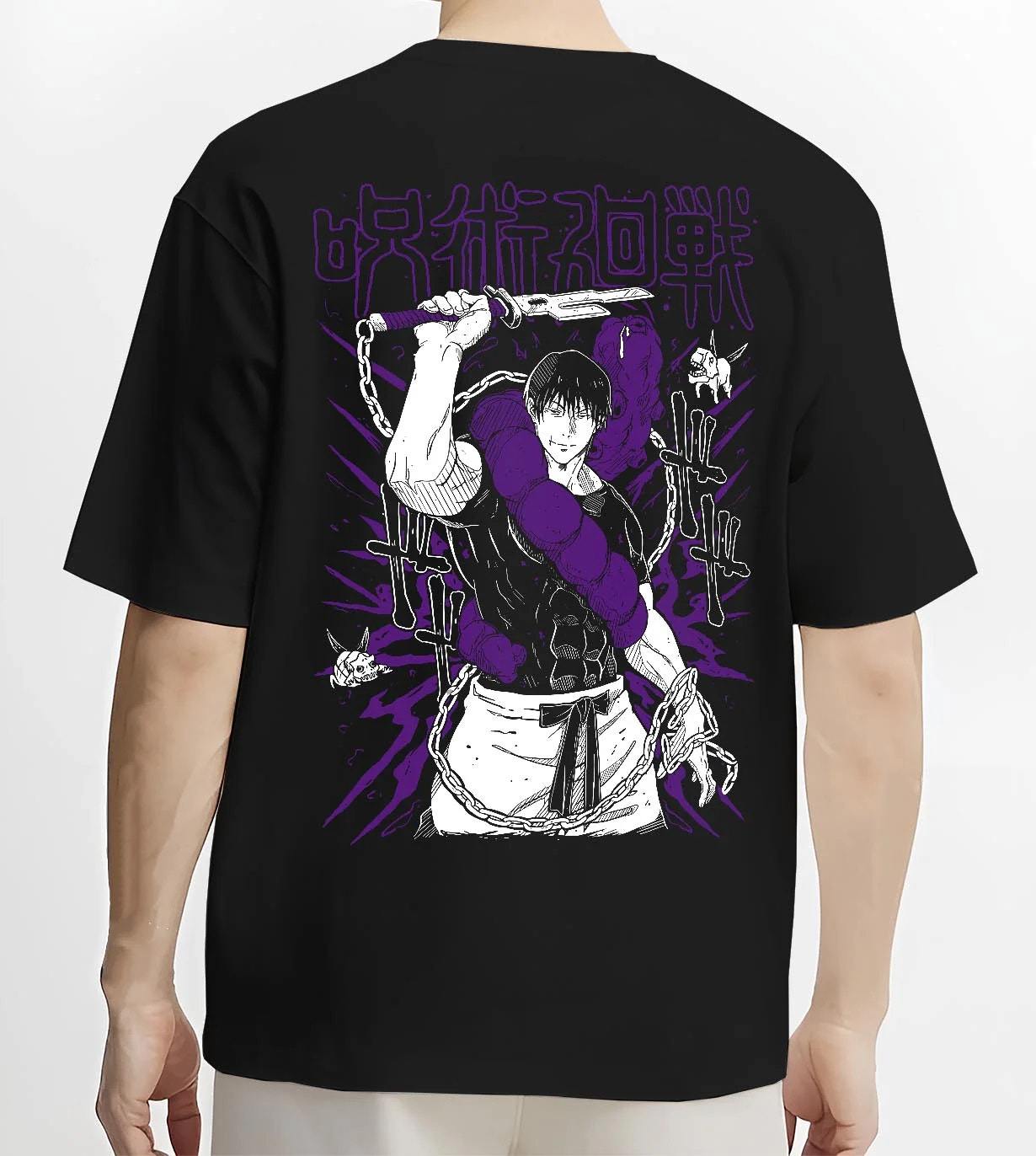 Black T-shirt worn by male model, back view with Jujutsu Kaisen Hoodie Cursed Spirit Fighter Jumper graphic premium wear.