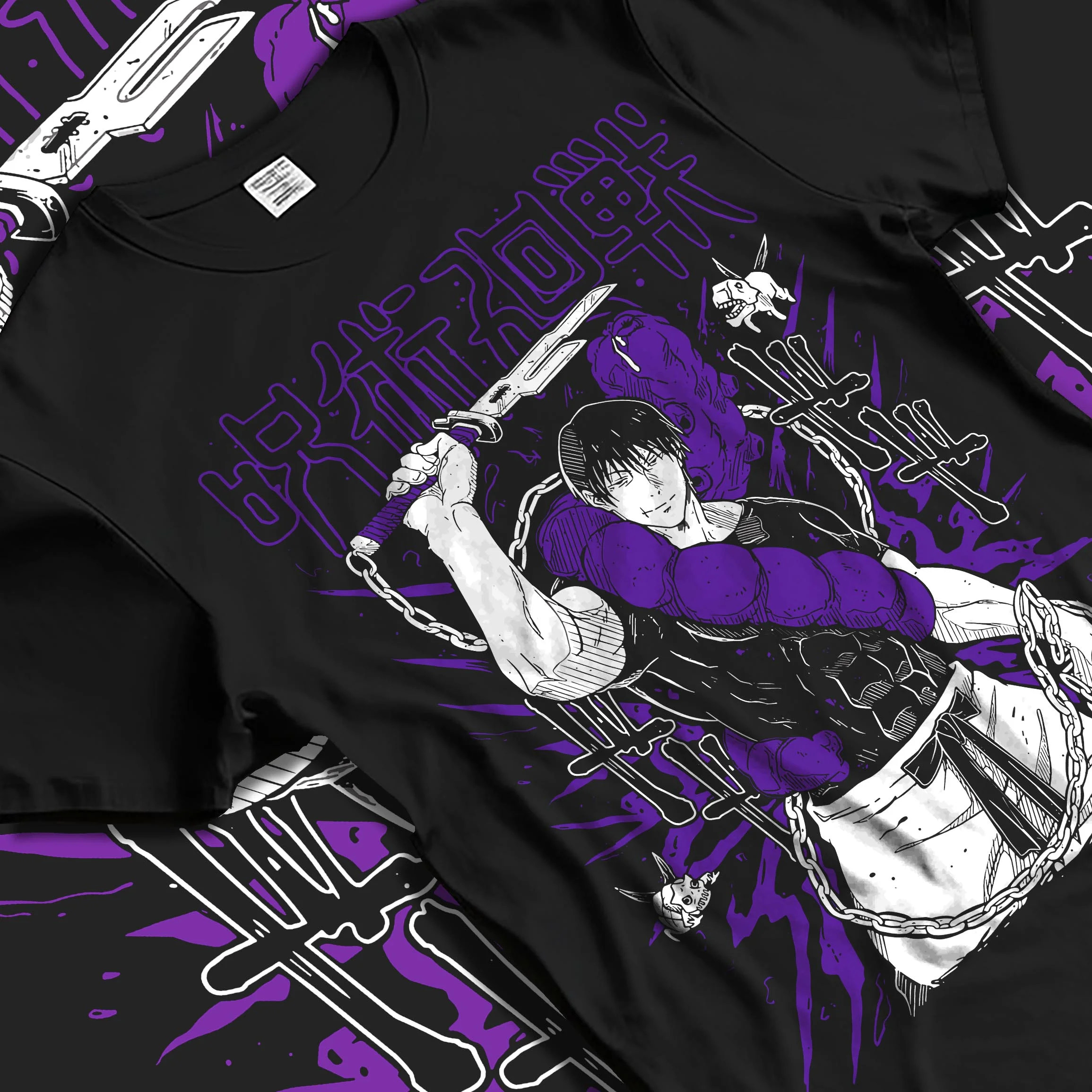 Black T-shirt laid flat with natural folds with Jujutsu Kaisen Hoodie Cursed Spirit Fighter Jumper graphic premium wear.