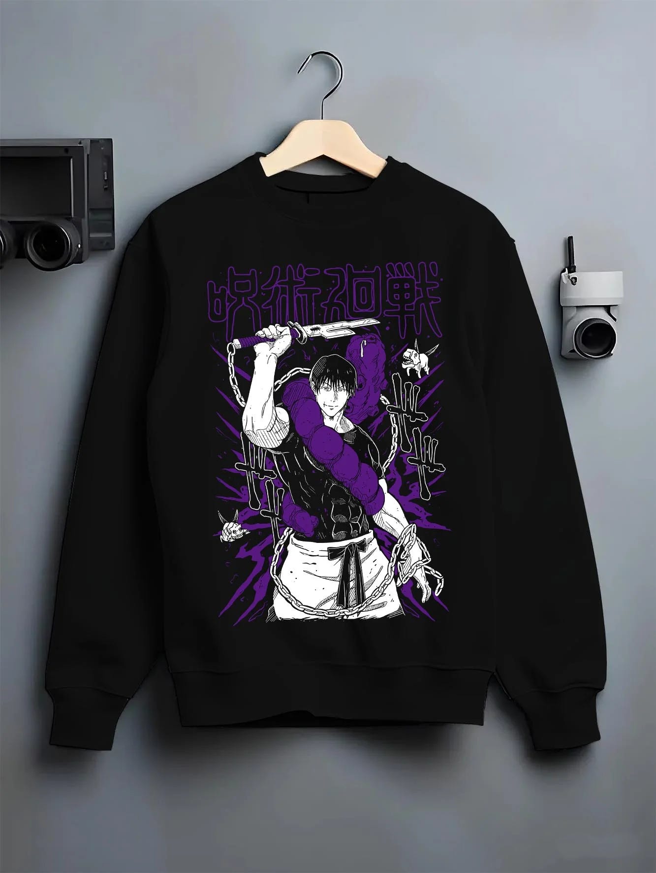 Black crewneck sweatshirt on hanger with Jujutsu Kaisen Hoodie Cursed Spirit Fighter Jumper graphic Toji themed artwork.