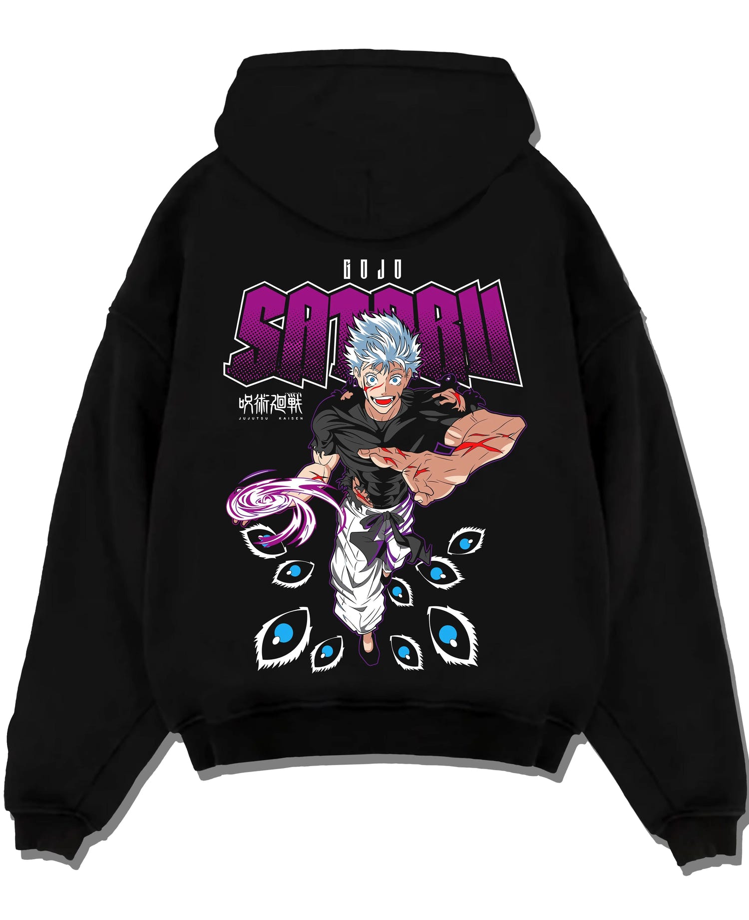 Black pullover hoodie laid flat with Jujutsu Kaisen Hoodie Satoru Gojo Mystic Power Jumper graphic bold anime graphic.