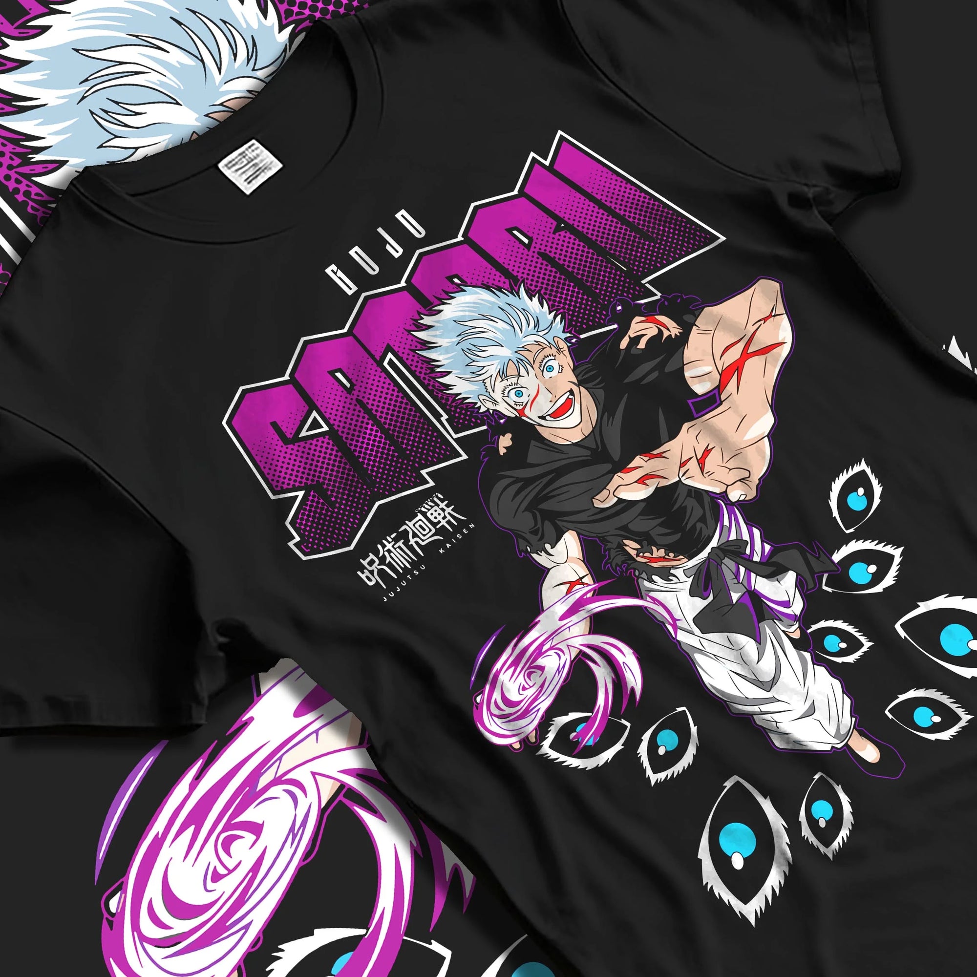 Black T-shirt laid flat with natural folds with Jujutsu Kaisen Hoodie Satoru Gojo Mystic Power Jumper graphic premium wear.