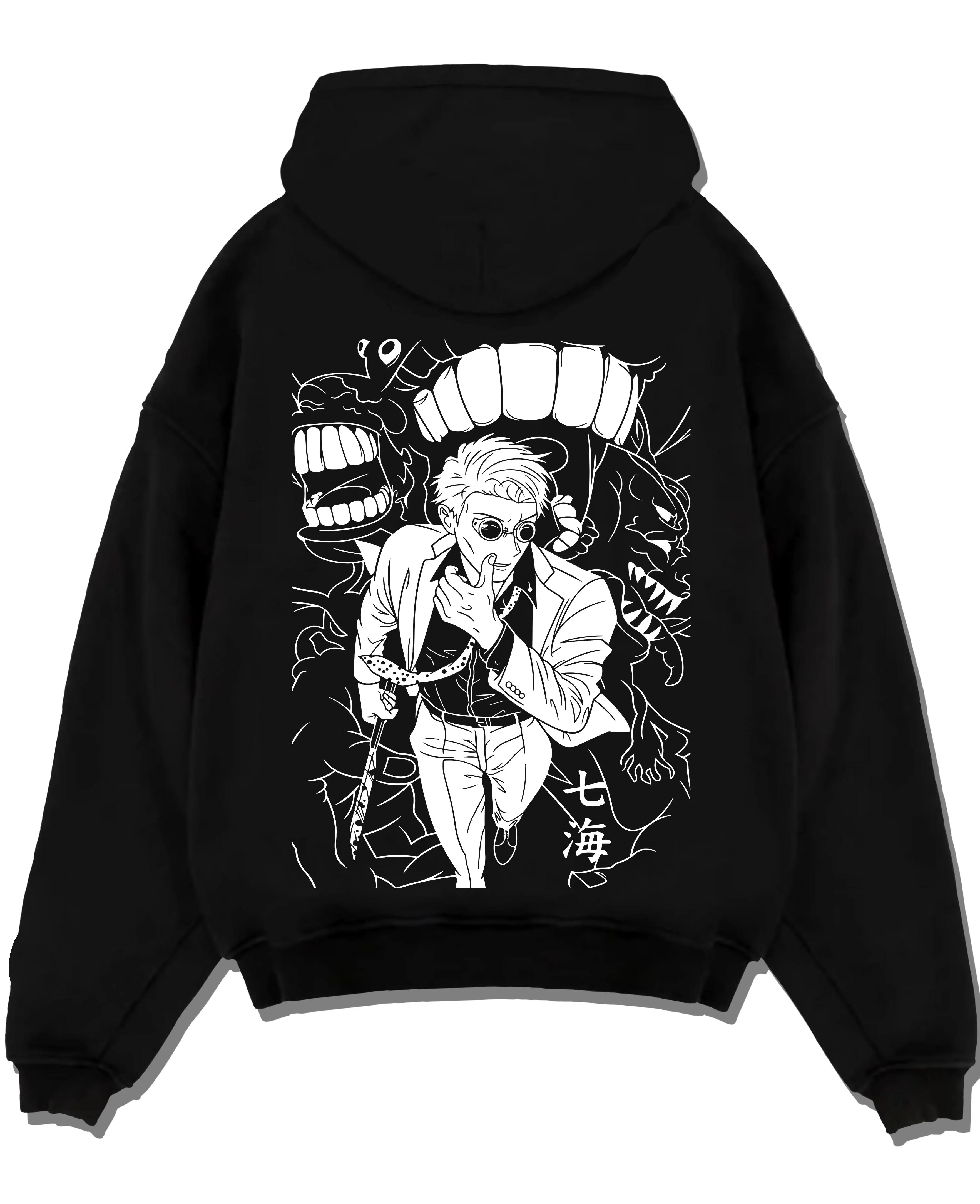 Black pullover hoodie laid flat with Jujutsu Kaisen Hoodie Satoru Gojo Dark Energy Jumper graphic streetwear graphic.