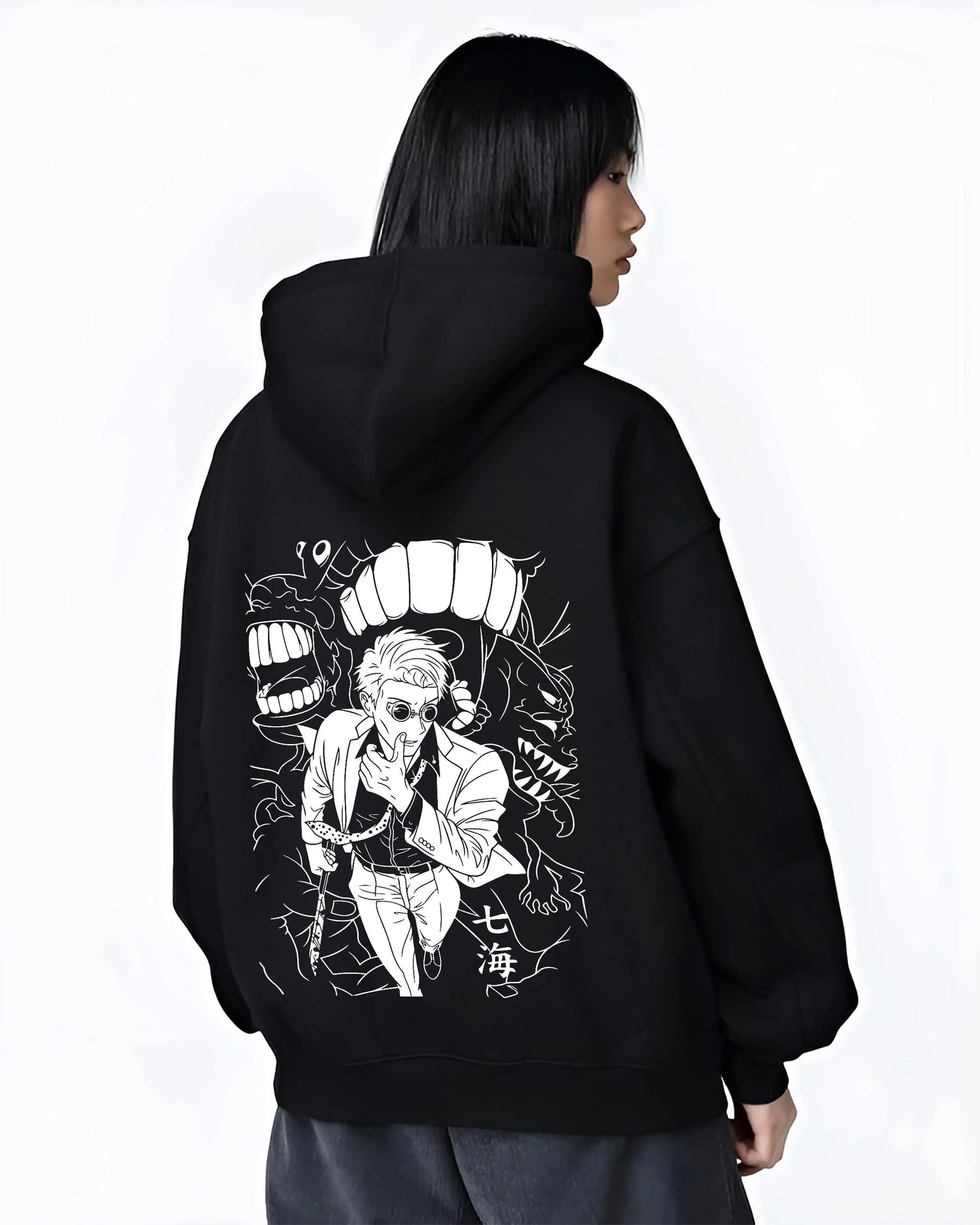 Black hoodie worn by female model, back view with Jujutsu Kaisen Hoodie Satoru Gojo Dark Energy Jumper graphic premium wear.