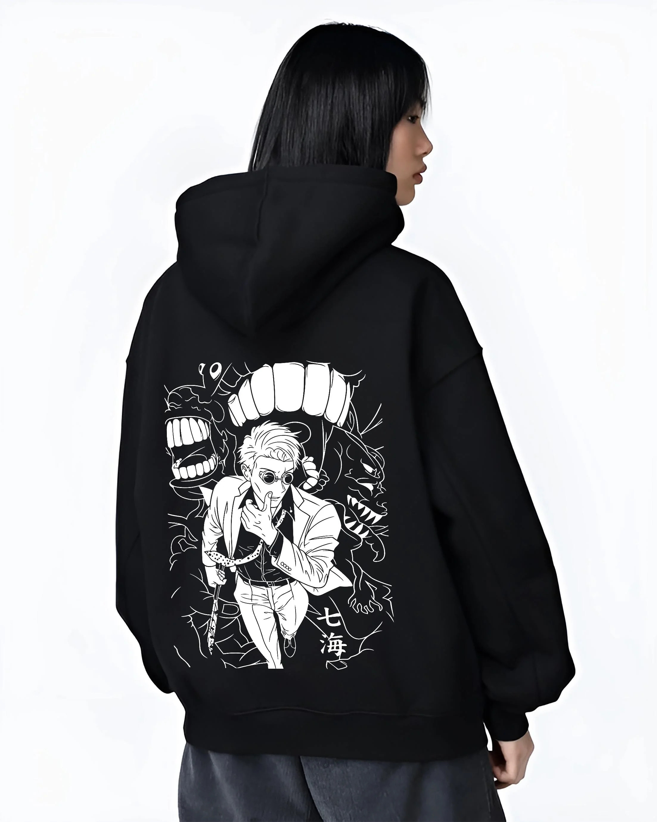 Black hoodie worn by female model, back view with Jujutsu Kaisen Hoodie Satoru Gojo Dark Energy Jumper graphic premium wear.
