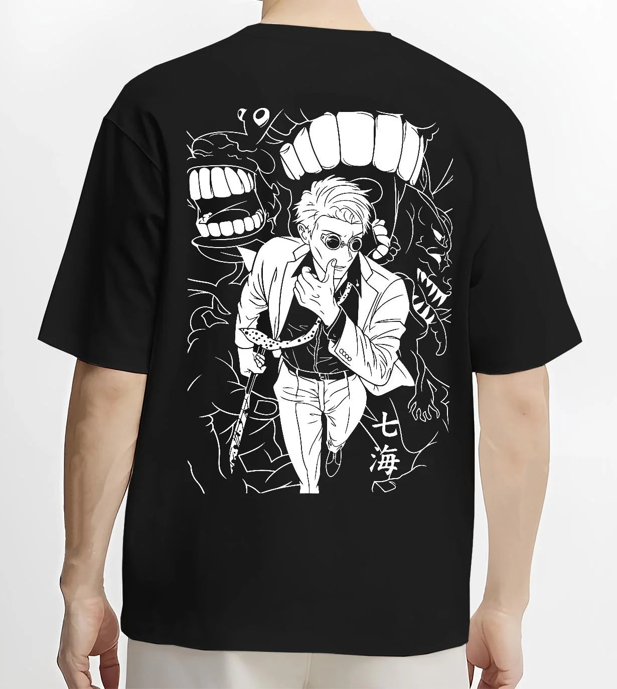 Black T-shirt worn by male model, back view with Jujutsu Kaisen Hoodie Satoru Gojo Dark Energy Jumper graphic premium wear.