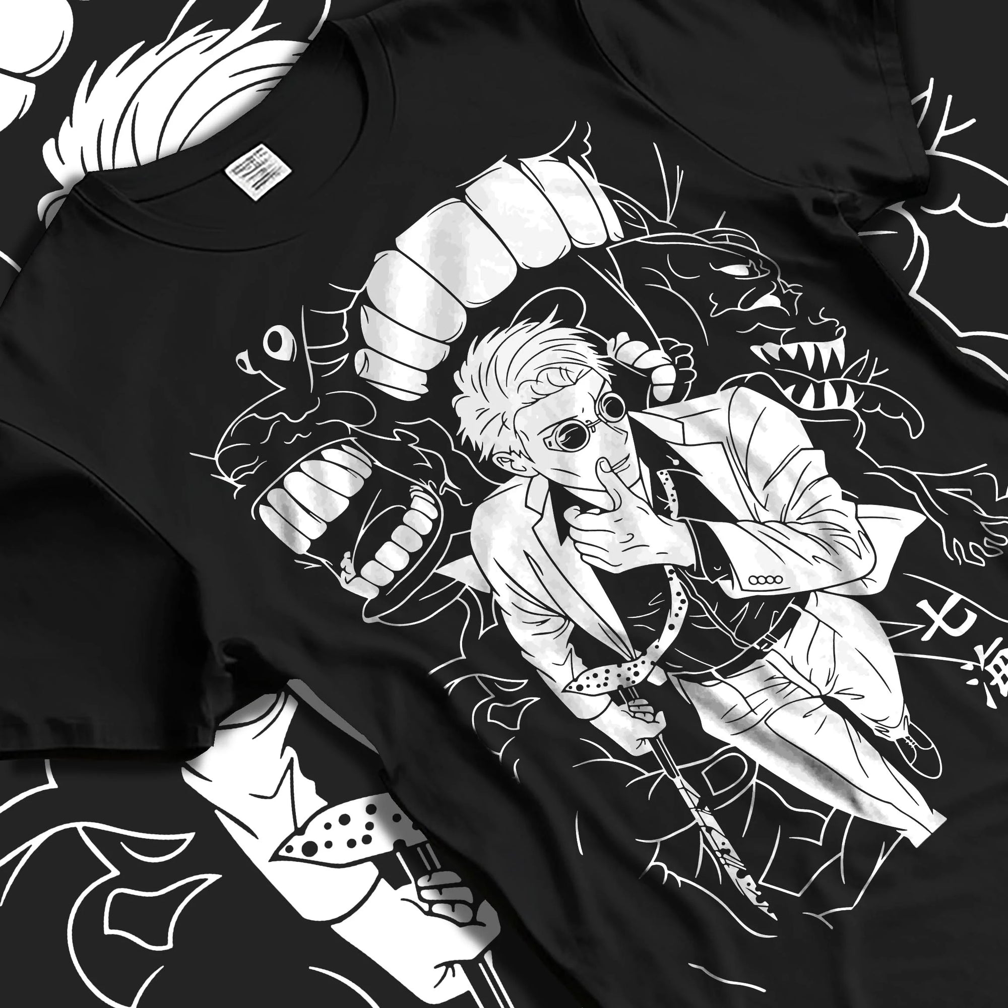 Black T-shirt laid flat with natural folds with Jujutsu Kaisen Hoodie Satoru Gojo Dark Energy Jumper graphic streetwear graphic.