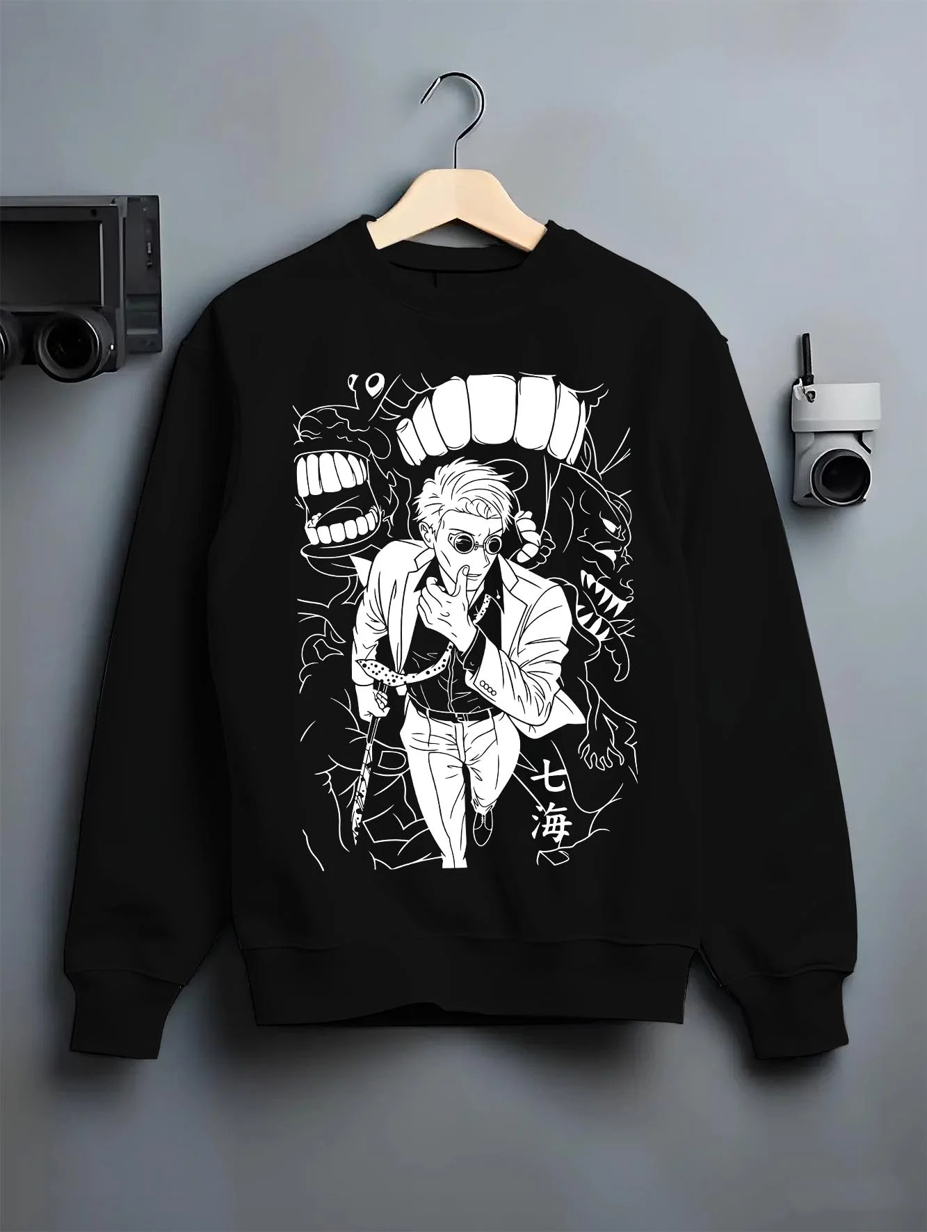 Black crewneck sweatshirt on hanger with Jujutsu Kaisen Hoodie Satoru Gojo Dark Energy Jumper graphic premium wear.