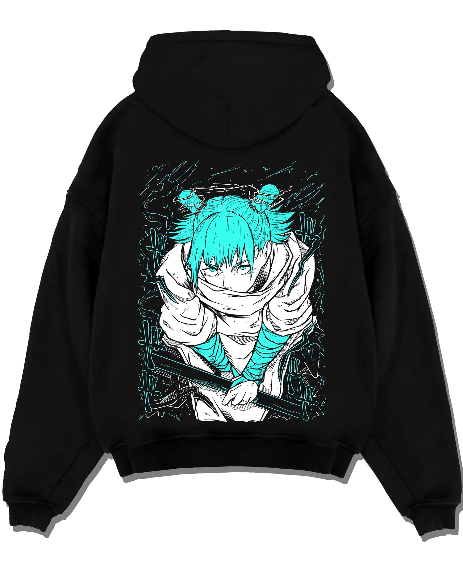 Black pullover hoodie laid flat with Jujutsu Kaisen Hoodie Yuji Itadori Cursed Energy Jumper graphic premium wear.