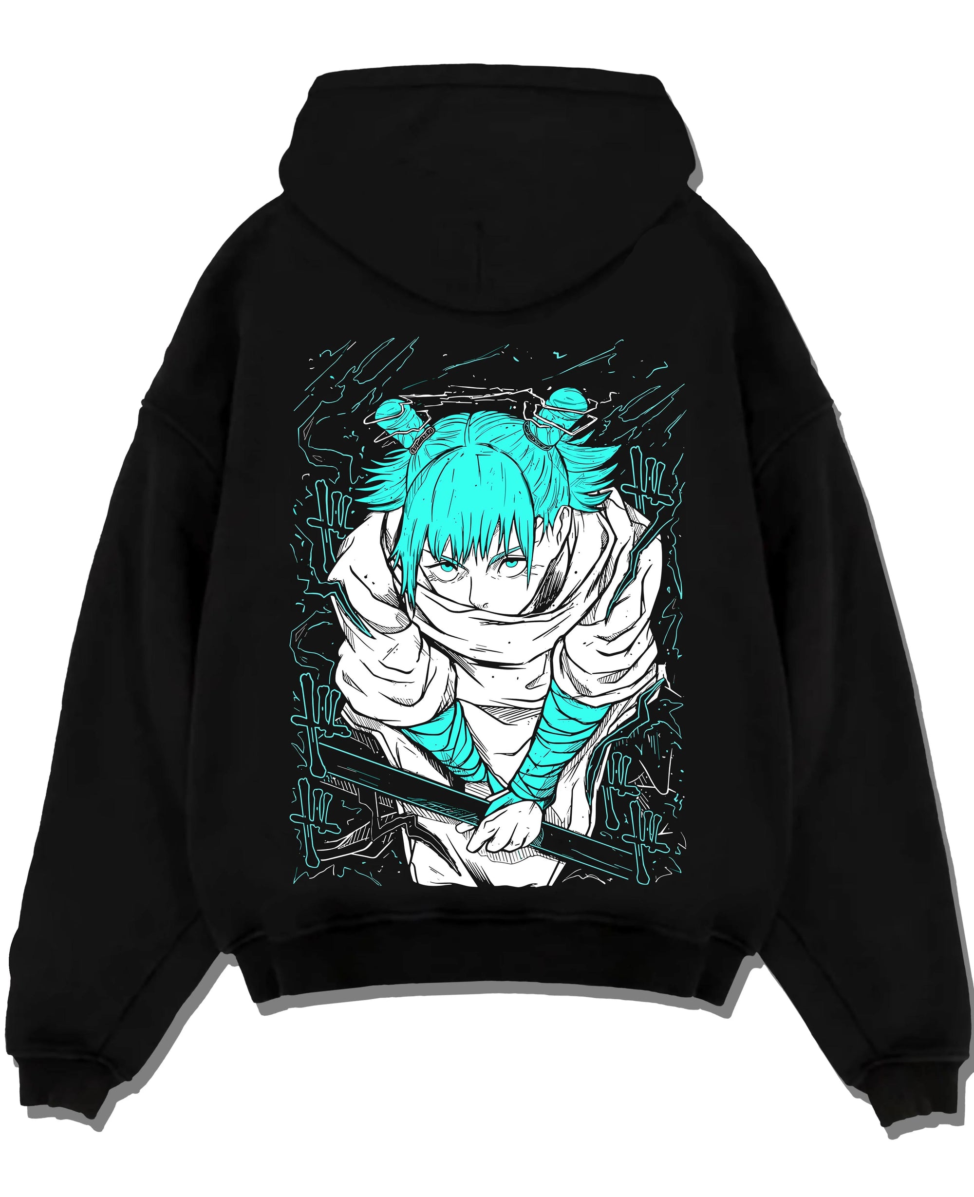 Black pullover hoodie laid flat with Jujutsu Kaisen Hoodie Yuji Itadori Cursed Energy Jumper graphic premium wear.