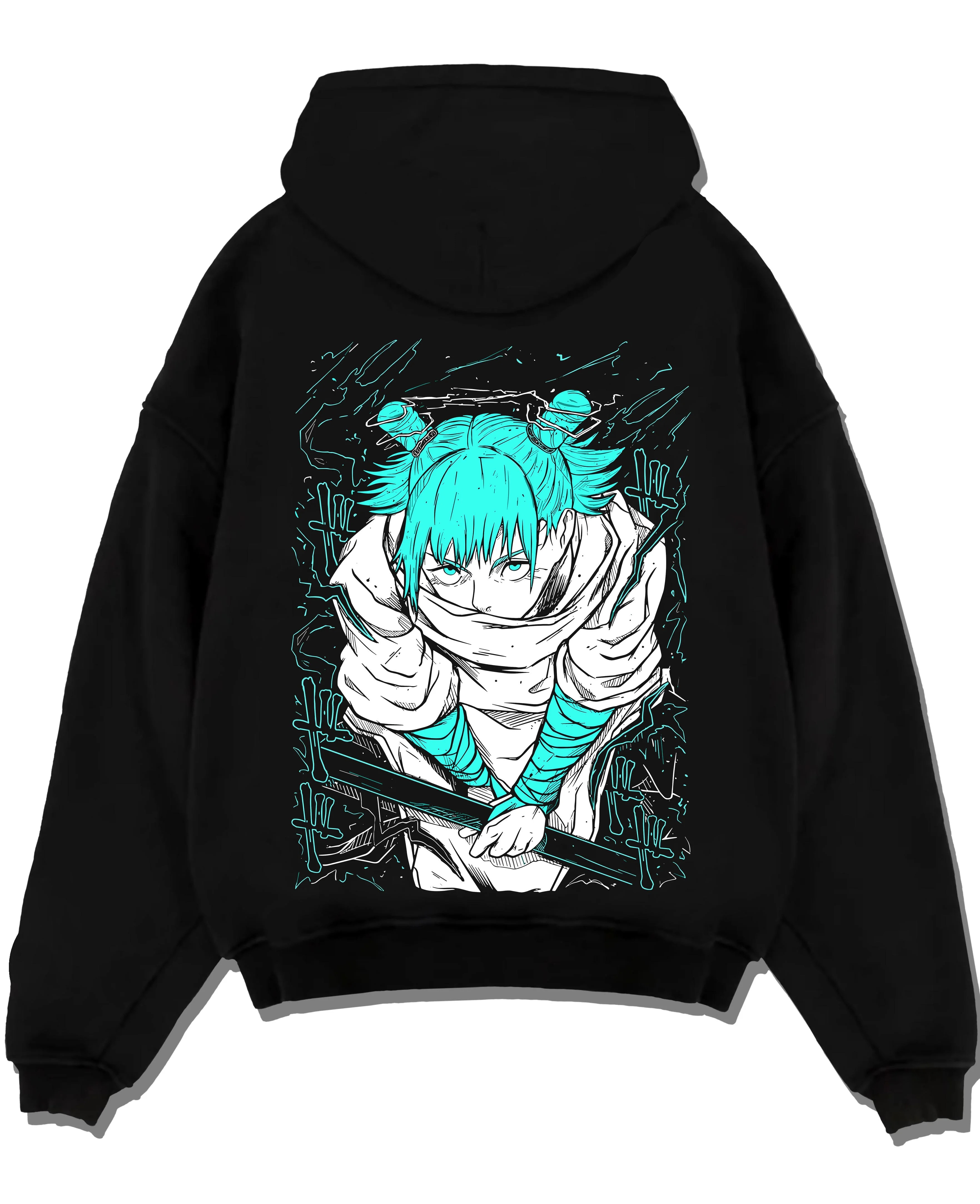 Black pullover hoodie laid flat with Jujutsu Kaisen Hoodie Yuji Itadori Cursed Energy Jumper graphic premium wear.