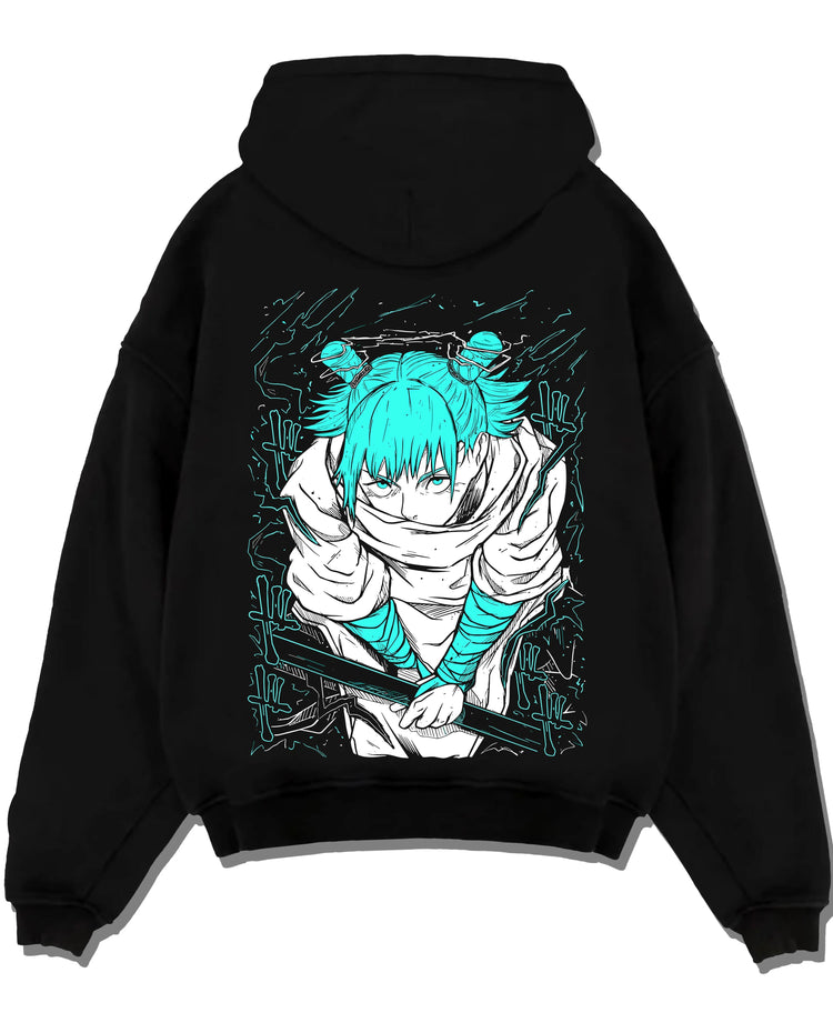 Black pullover hoodie laid flat with Jujutsu Kaisen Hoodie Yuji Itadori Cursed Energy Jumper graphic premium wear.