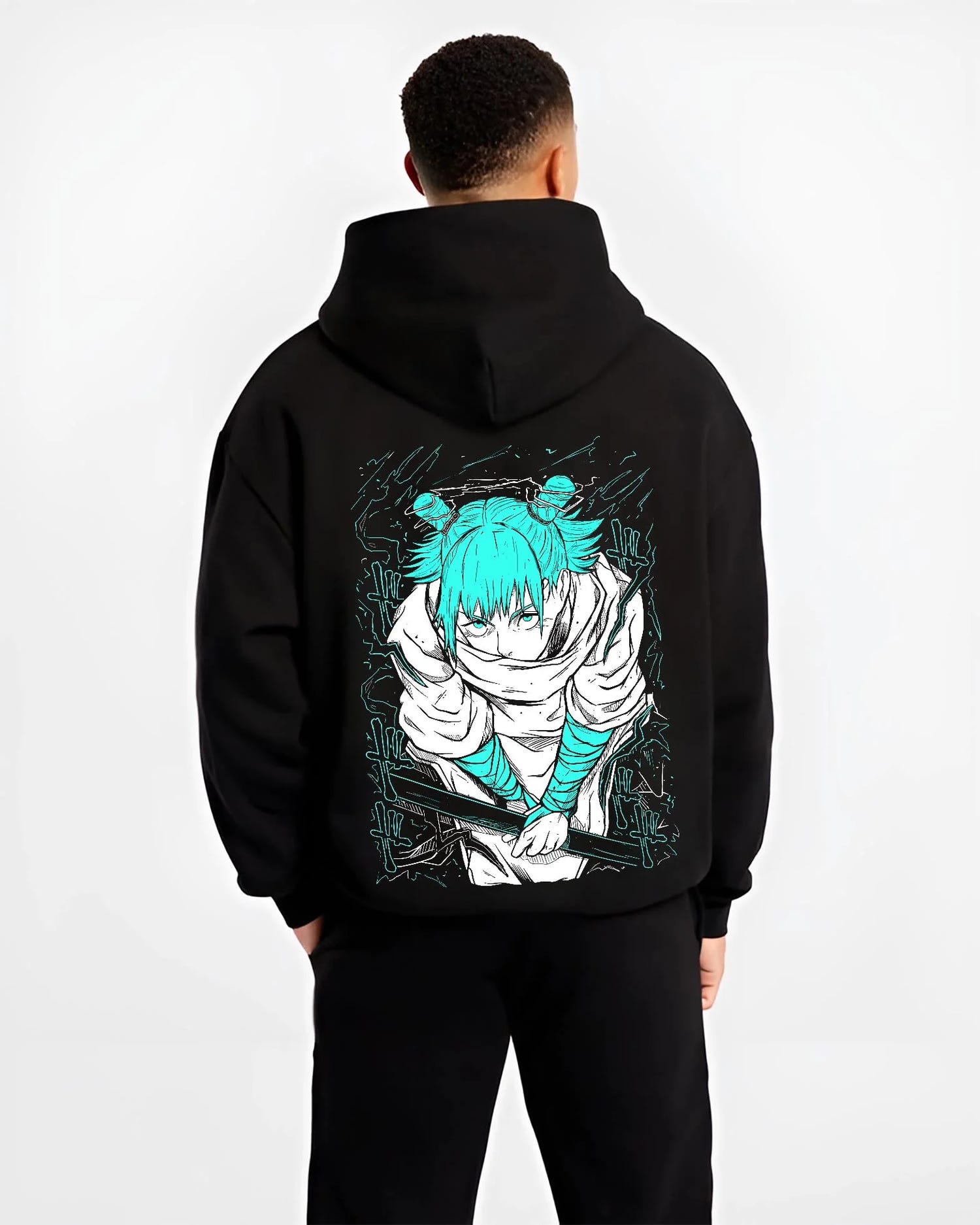 Black hoodie worn by male model, back view with Jujutsu Kaisen Hoodie Yuji Itadori Cursed Energy Jumper graphic bold anime graphic.