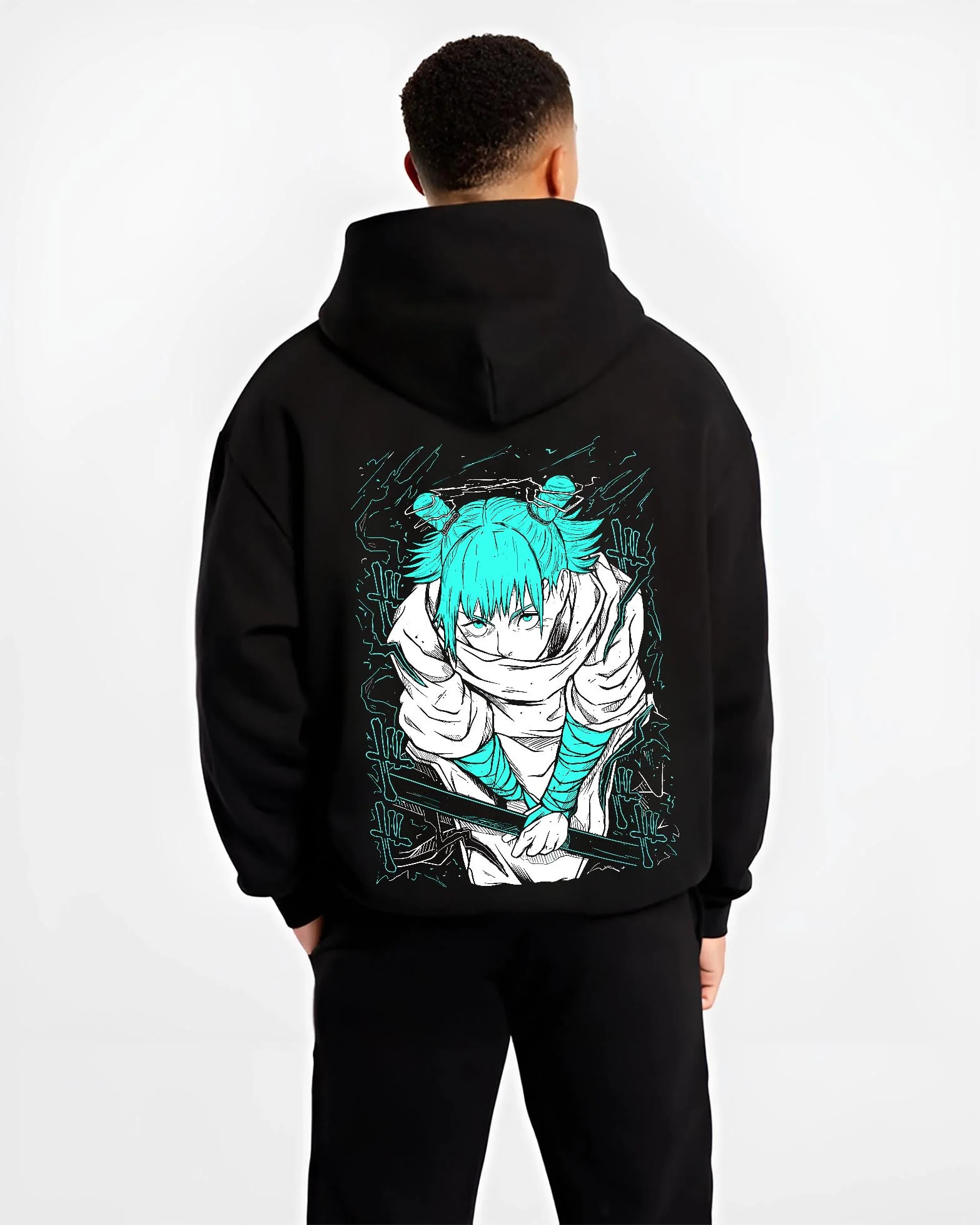 Black hoodie worn by male model, back view with Jujutsu Kaisen Hoodie Yuji Itadori Cursed Energy Jumper graphic bold anime graphic.