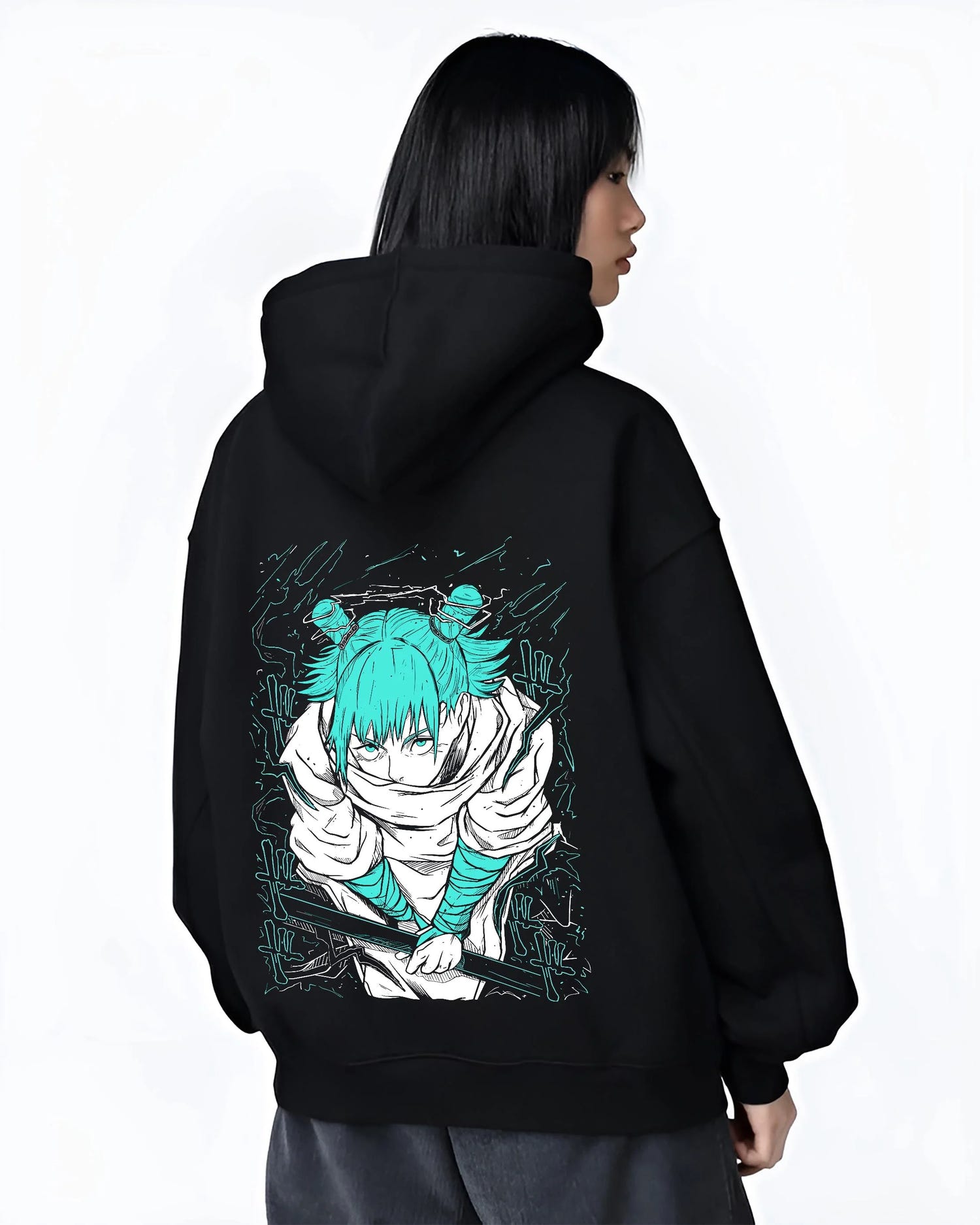Black hoodie worn by female model, back view with Jujutsu Kaisen Hoodie Yuji Itadori Cursed Energy Jumper graphic premium wear.