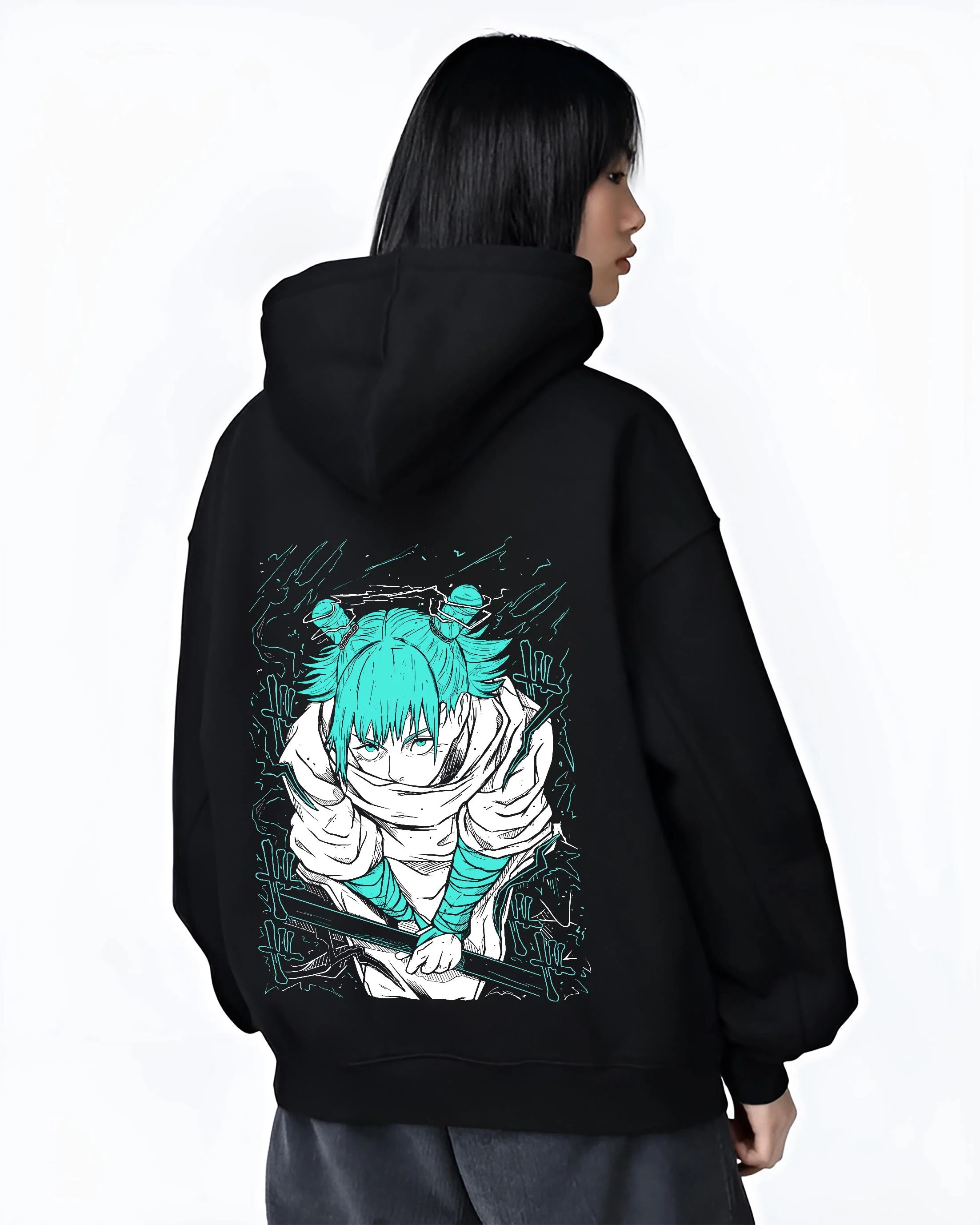 Black hoodie worn by female model, back view with Jujutsu Kaisen Hoodie Yuji Itadori Cursed Energy Jumper graphic premium wear.