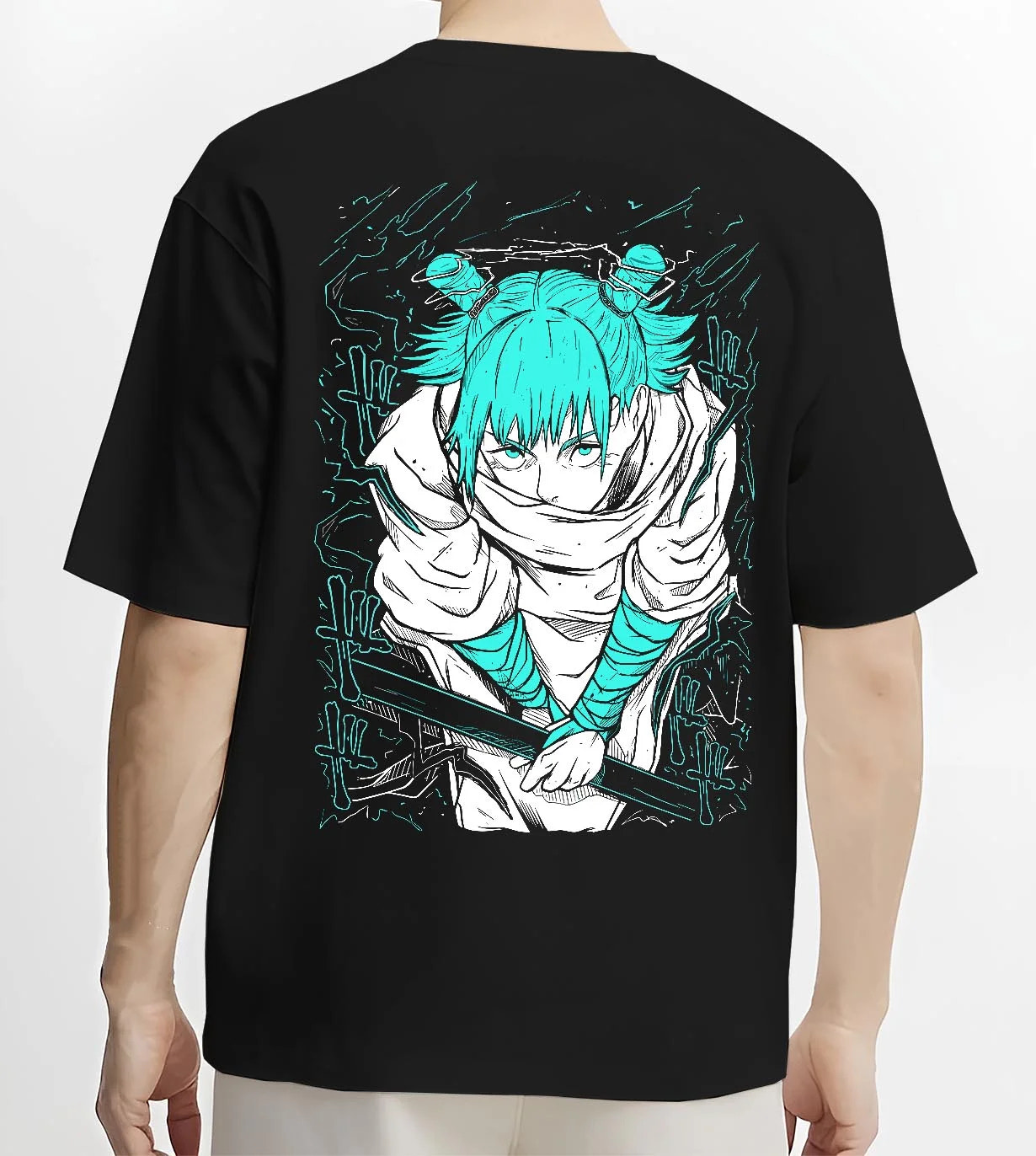 Black T-shirt worn by male model, back view with Jujutsu Kaisen Hoodie Yuji Itadori Cursed Energy Jumper graphic bold anime graphic.