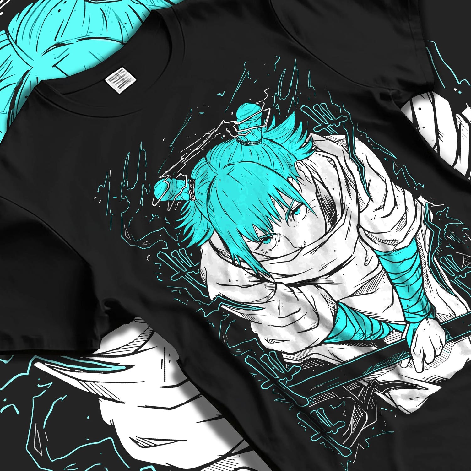 Black T-shirt laid flat with natural folds with Jujutsu Kaisen Hoodie Yuji Itadori Cursed Energy Jumper graphic streetwear graphic.