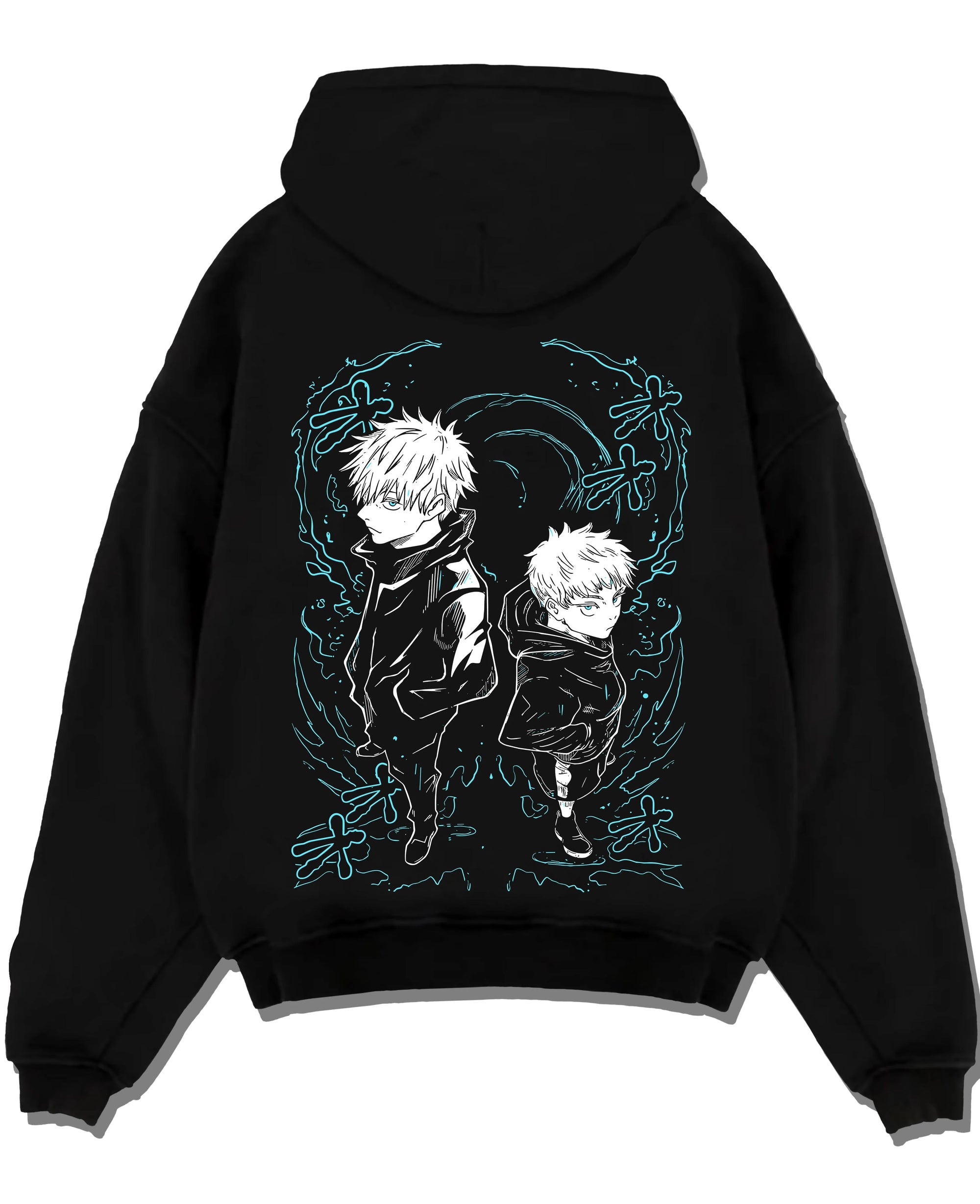 Black pullover hoodie laid flat with Jujutsu Kaisen Hoodie Yuji and Megumi Logo Jumper graphic bold anime graphic.