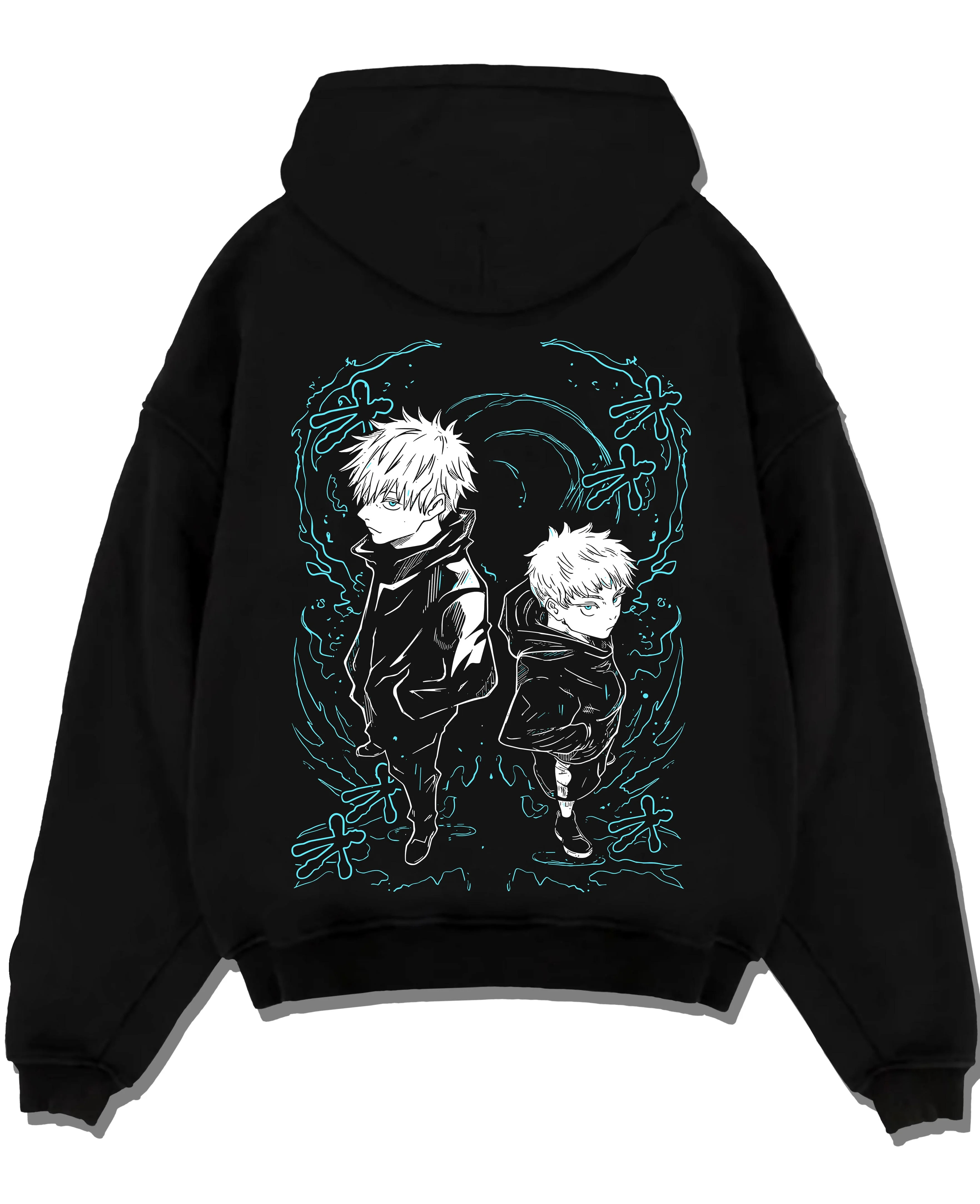 Black pullover hoodie laid flat with Jujutsu Kaisen Hoodie Yuji and Megumi Logo Jumper graphic bold anime graphic.